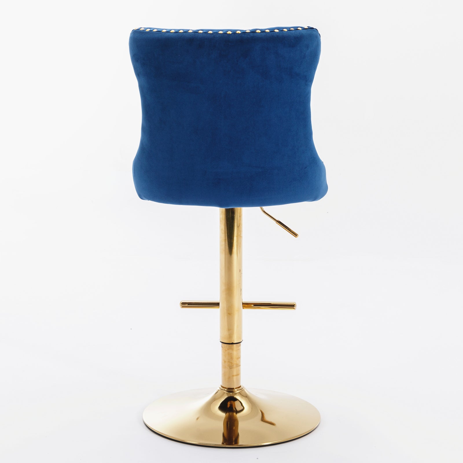 Adjustable blue velvet bar stool with gold base and nailhead trim