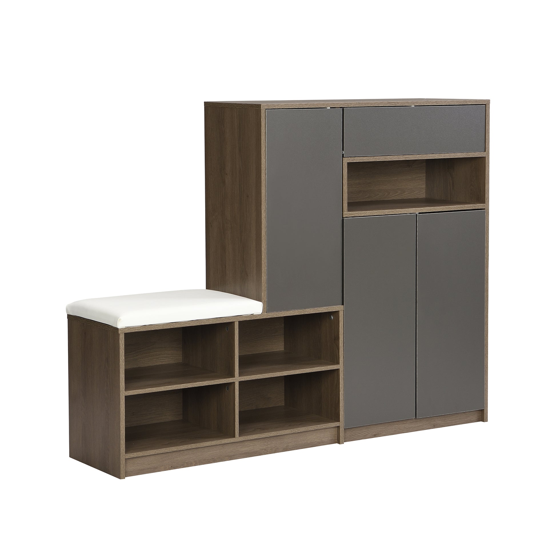 entryway shoe cabinet with white upholstered bench