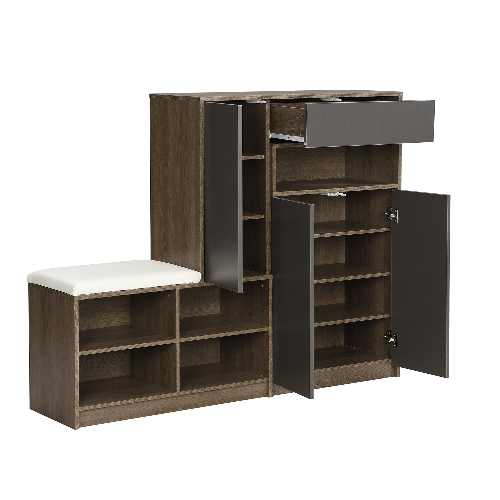 Modern entryway bench with brown wood shoe storage and white cushion