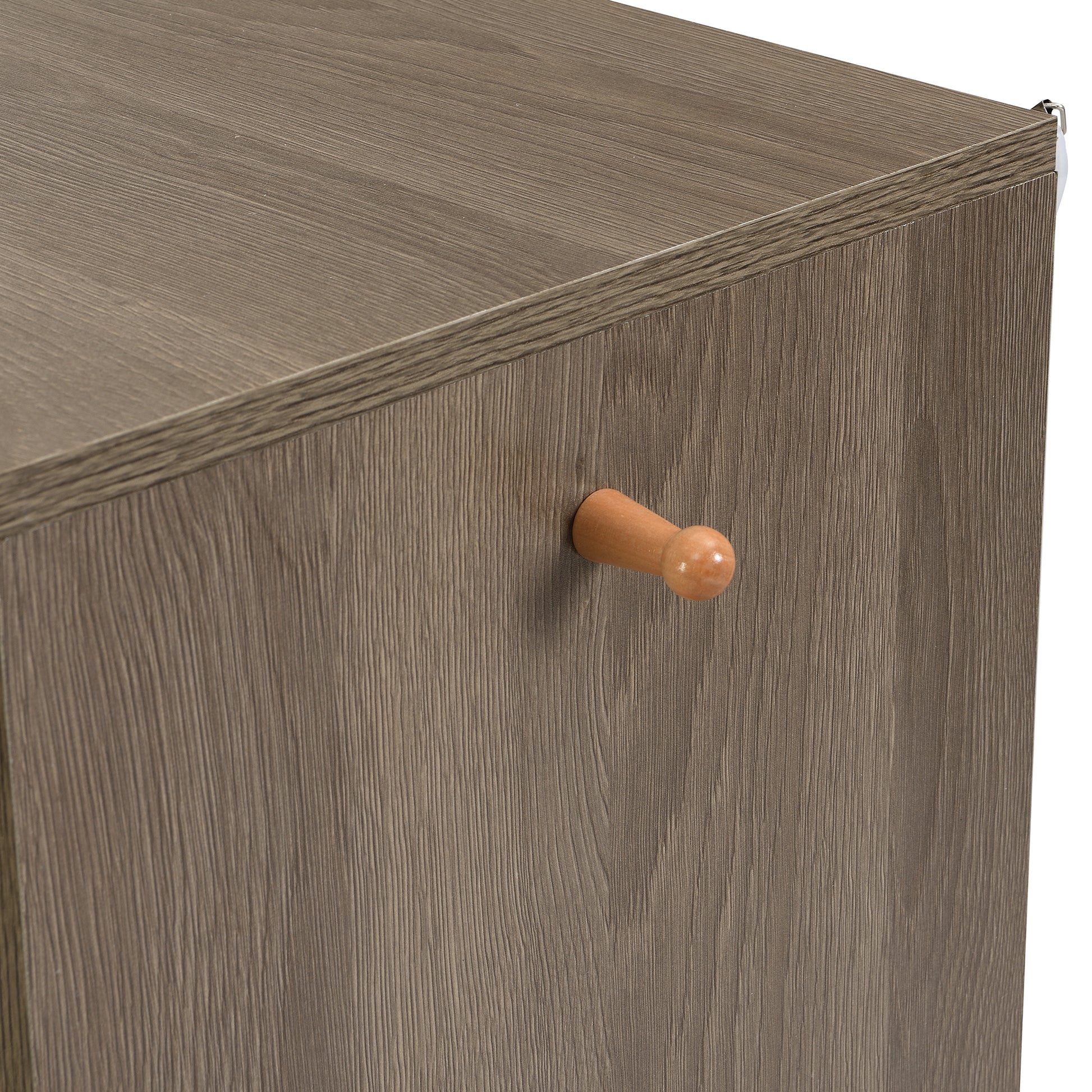 Brown wood grain cabinet door with wooden knob