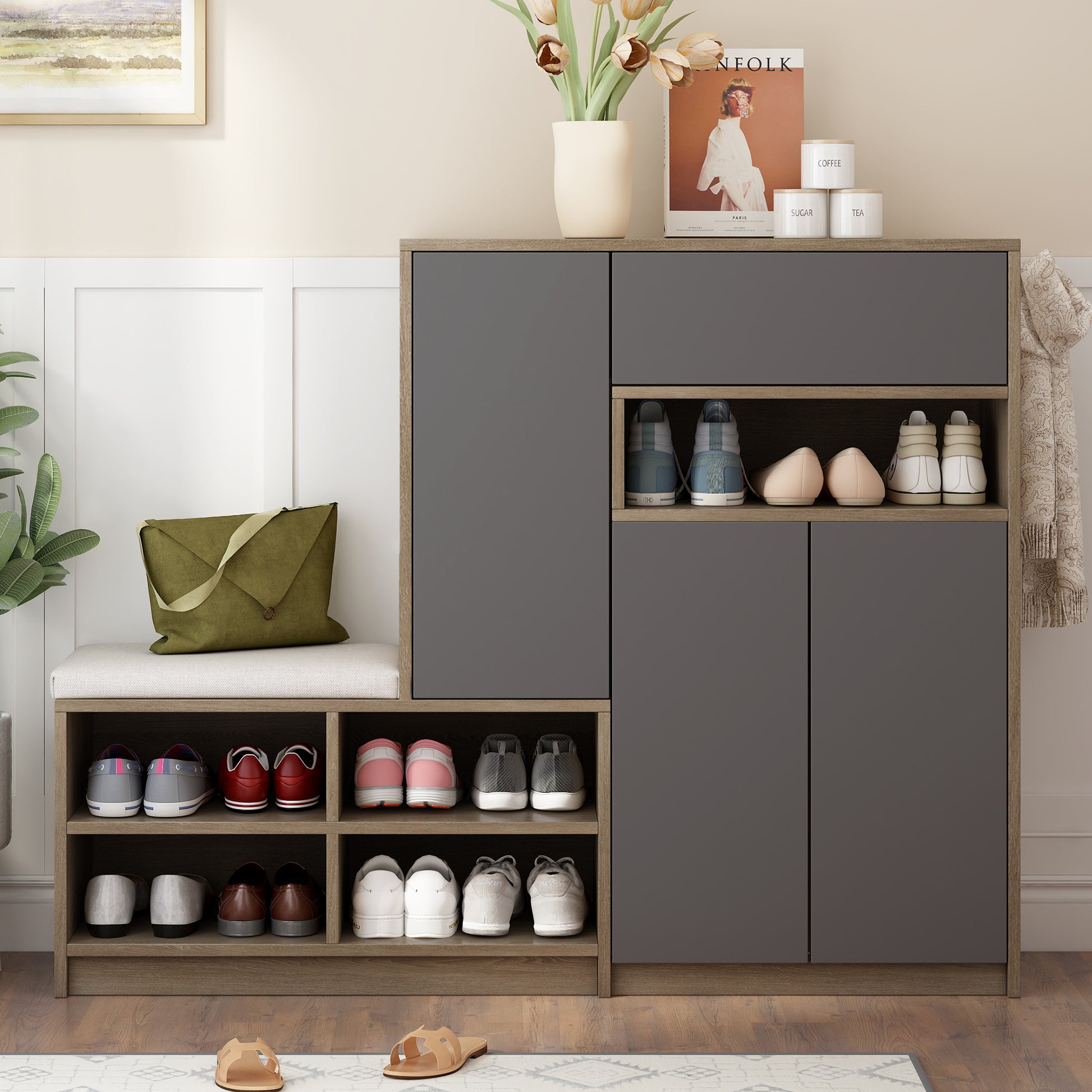 Modern shoe cabinet with bench and multiple shelves