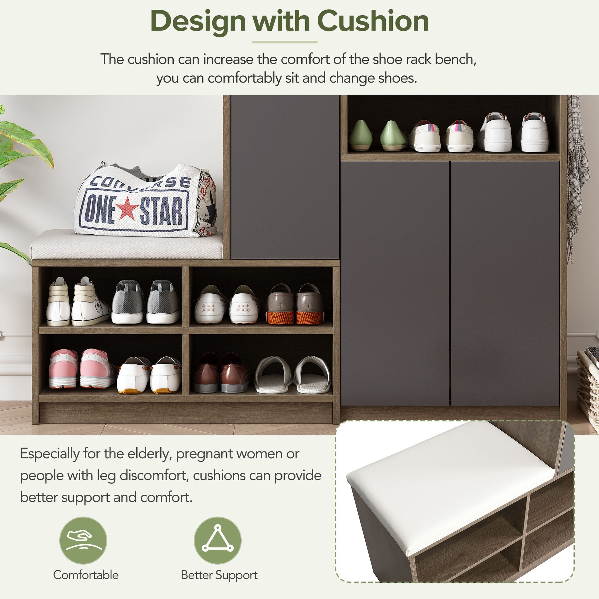 Modern grey shoe cabinet with a cushioned bench top for entryway convenience