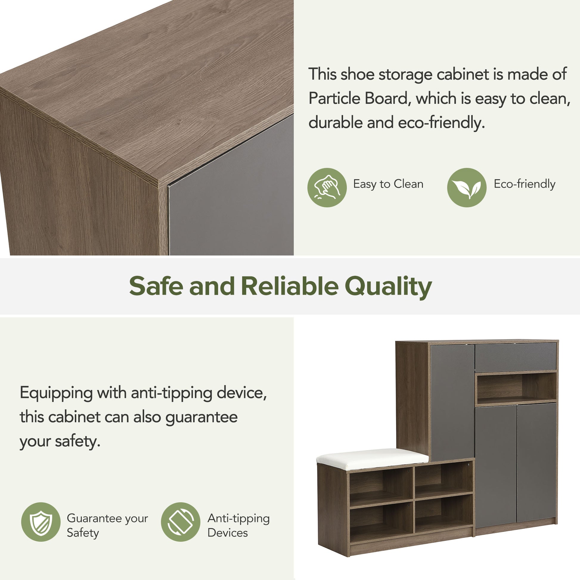 Modern shoe storage cabinet with white upholstered bench and oakeffect wood finish