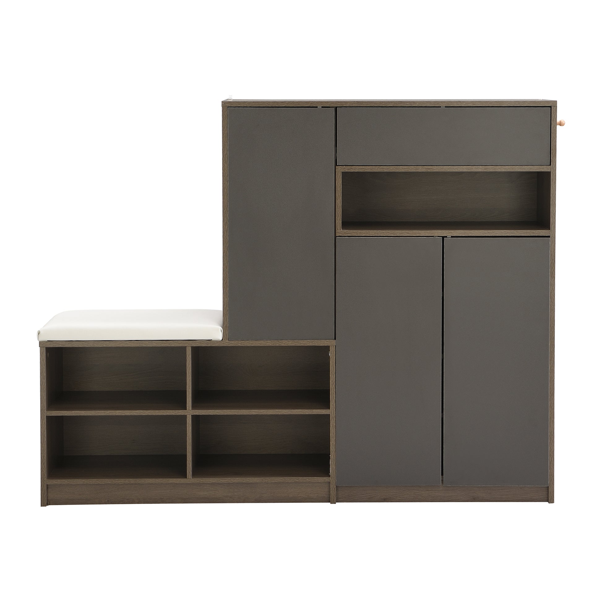 Modern grey shoe cabinet with white cushioned bench