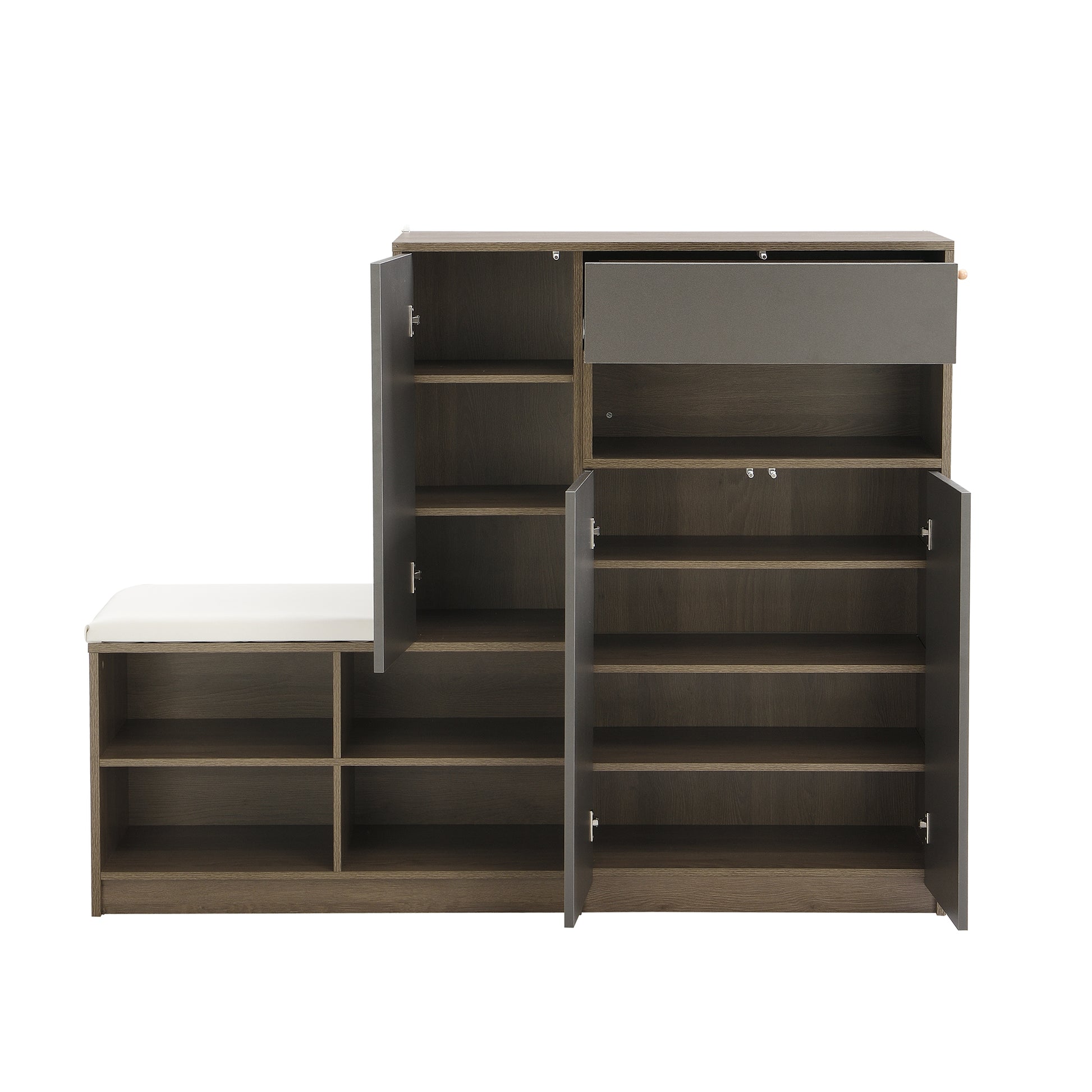 Modern grey and wood shoe cabinet with cushioned bench