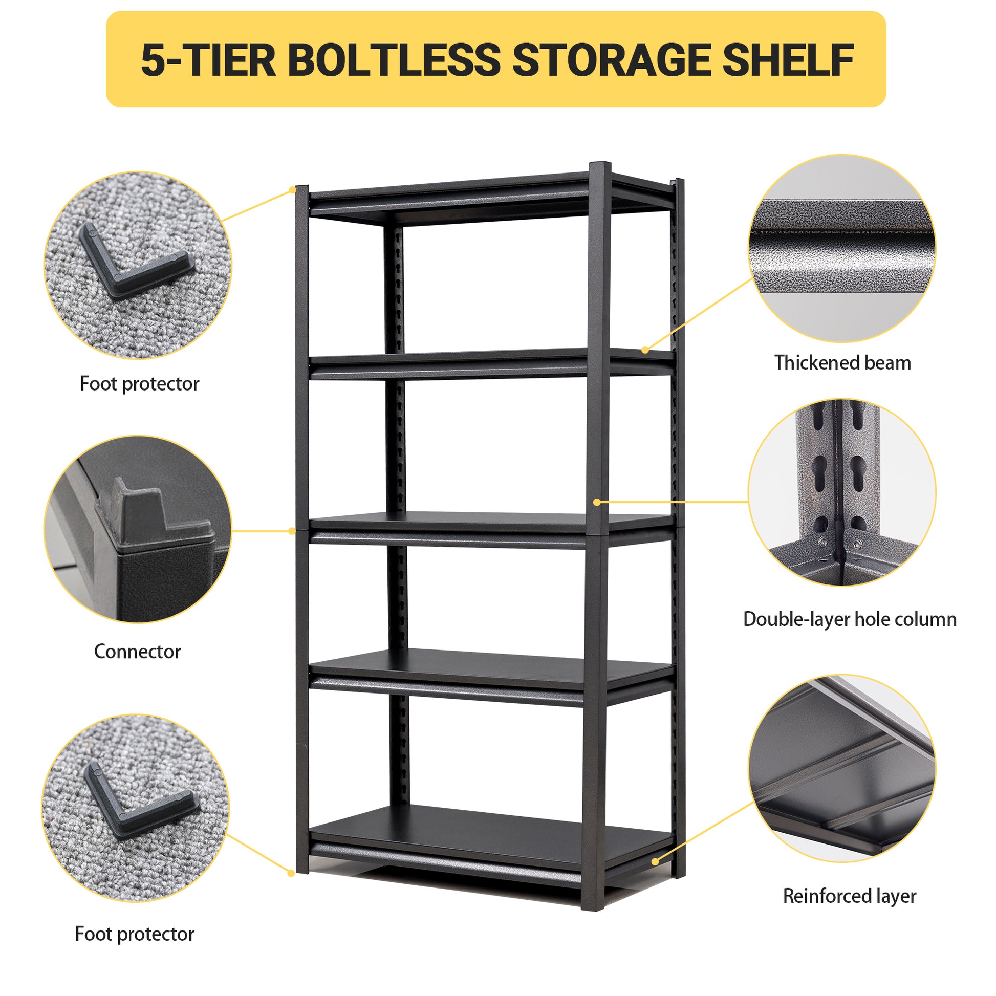 Black tier boltless storage shelf with reinforced layers and foot protectors