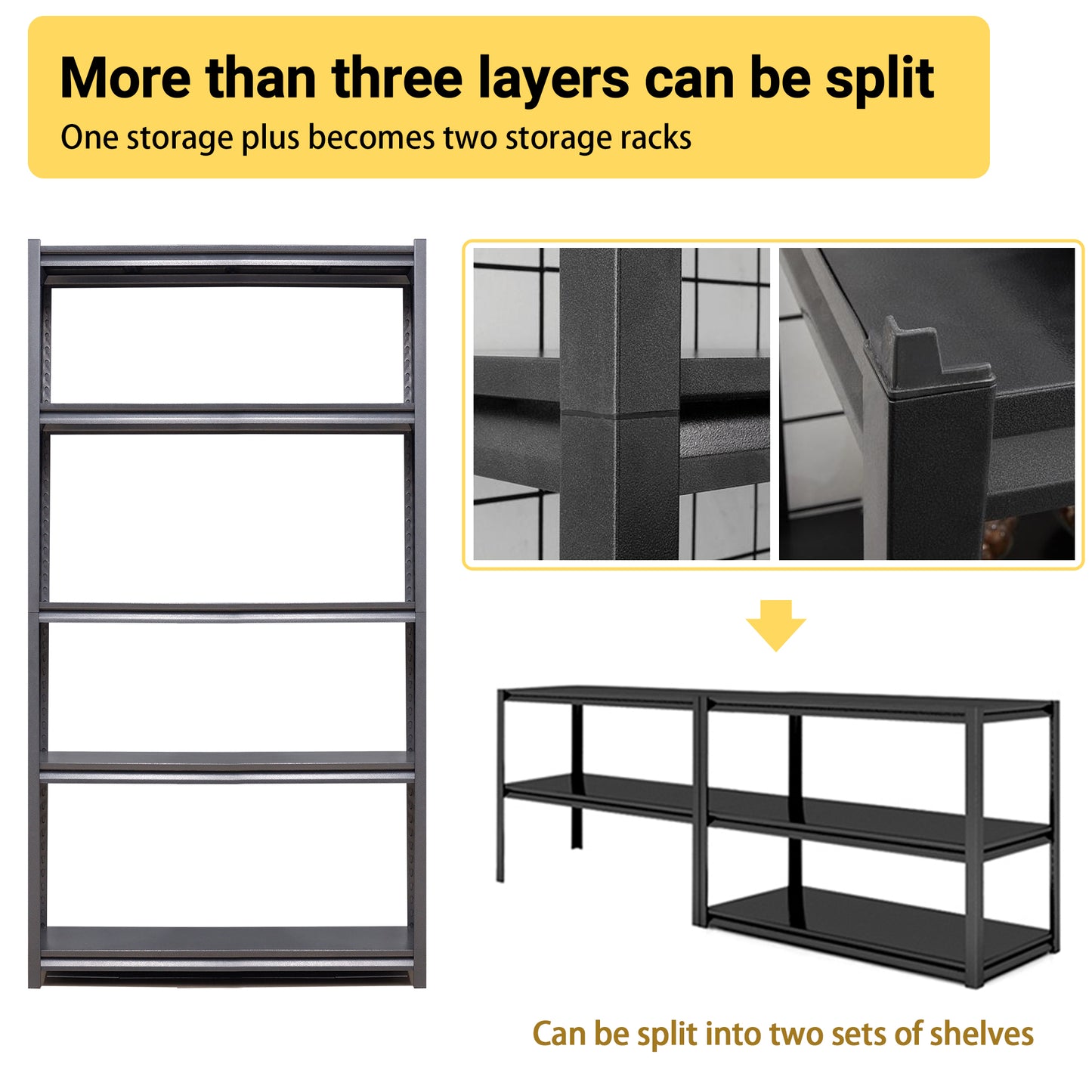 Black metal tier shelving unit for garage storage