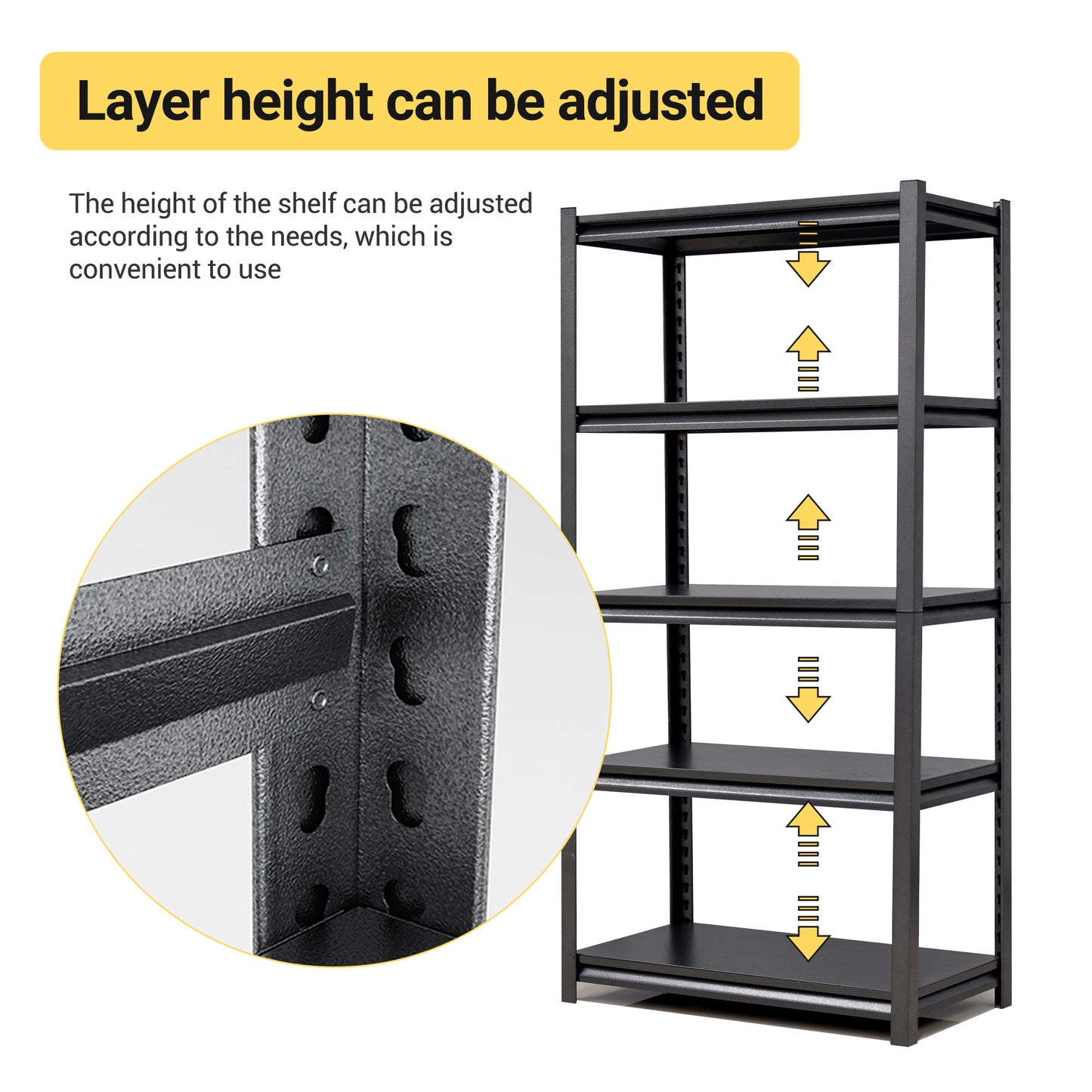 Black metal storage shelf with adjustable shelf height