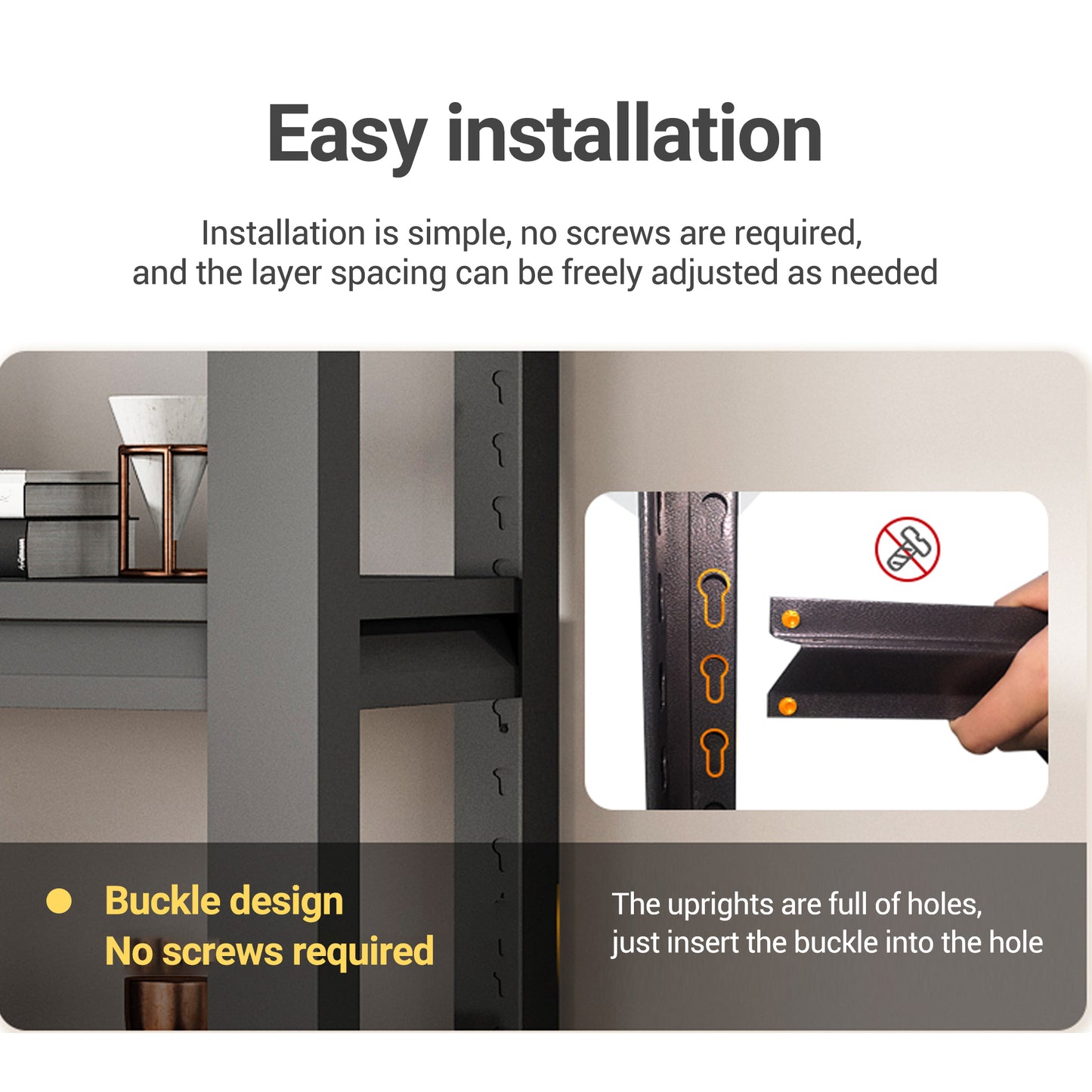 Closeup of grey shelving unit uprights with buckle design