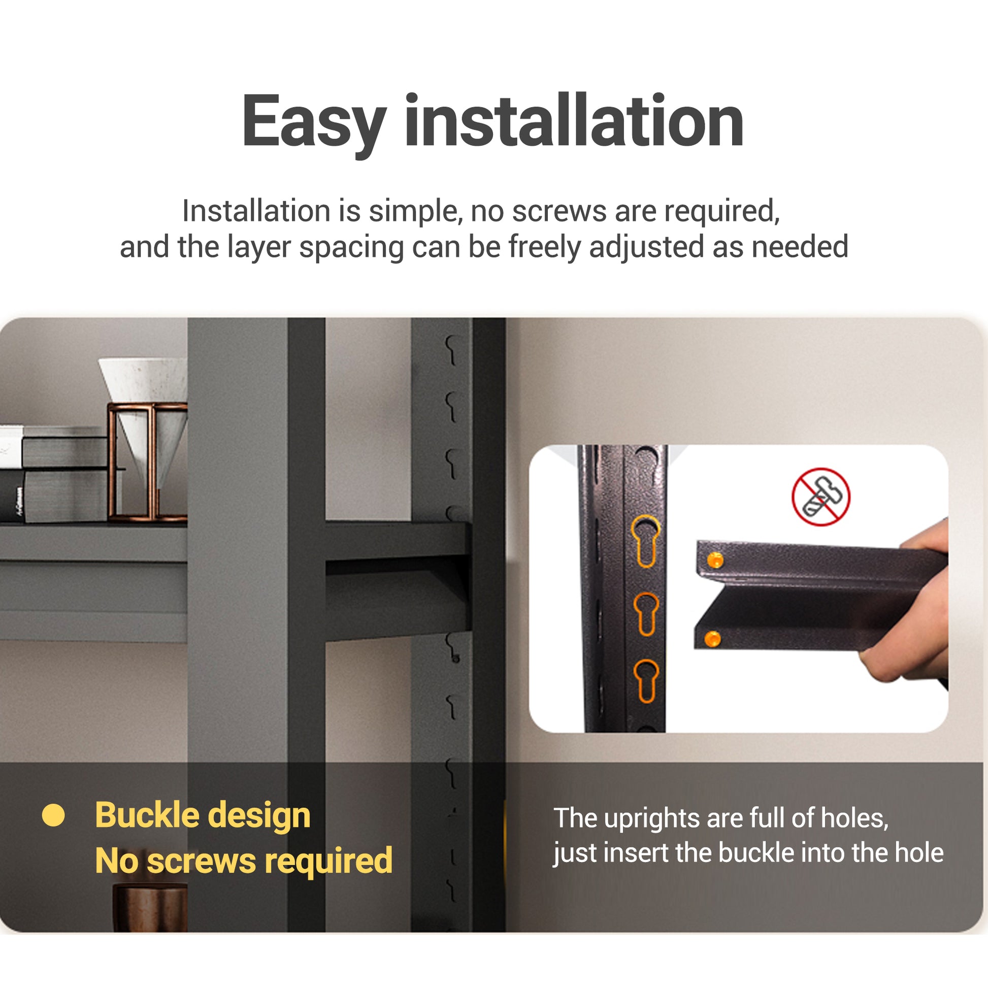 Closeup of grey shelving unit uprights with buckle design