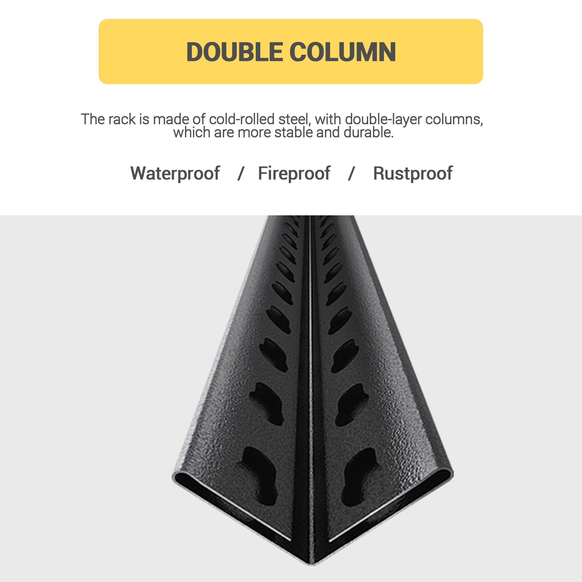 Heavyduty black steel shelving bracket with double column design and perforated surface