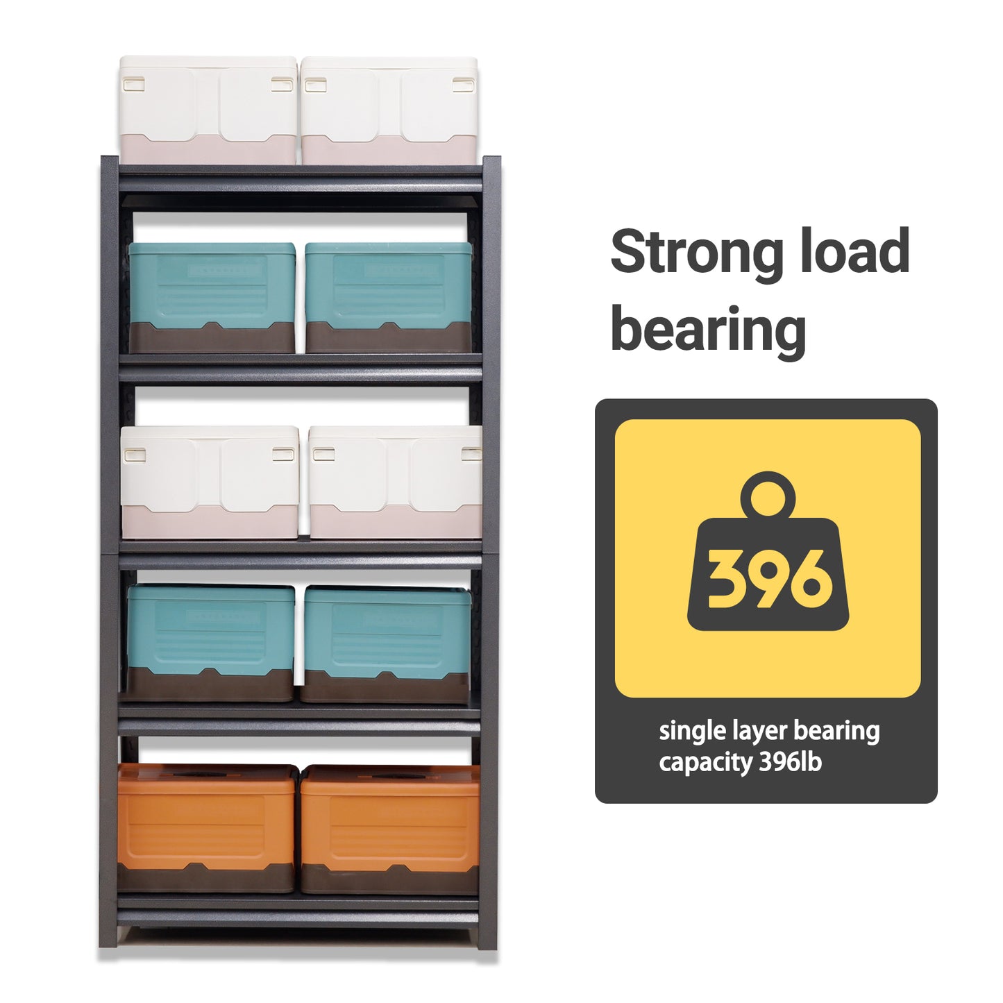 White and pink foldable storage bins on a black metal shelving unit