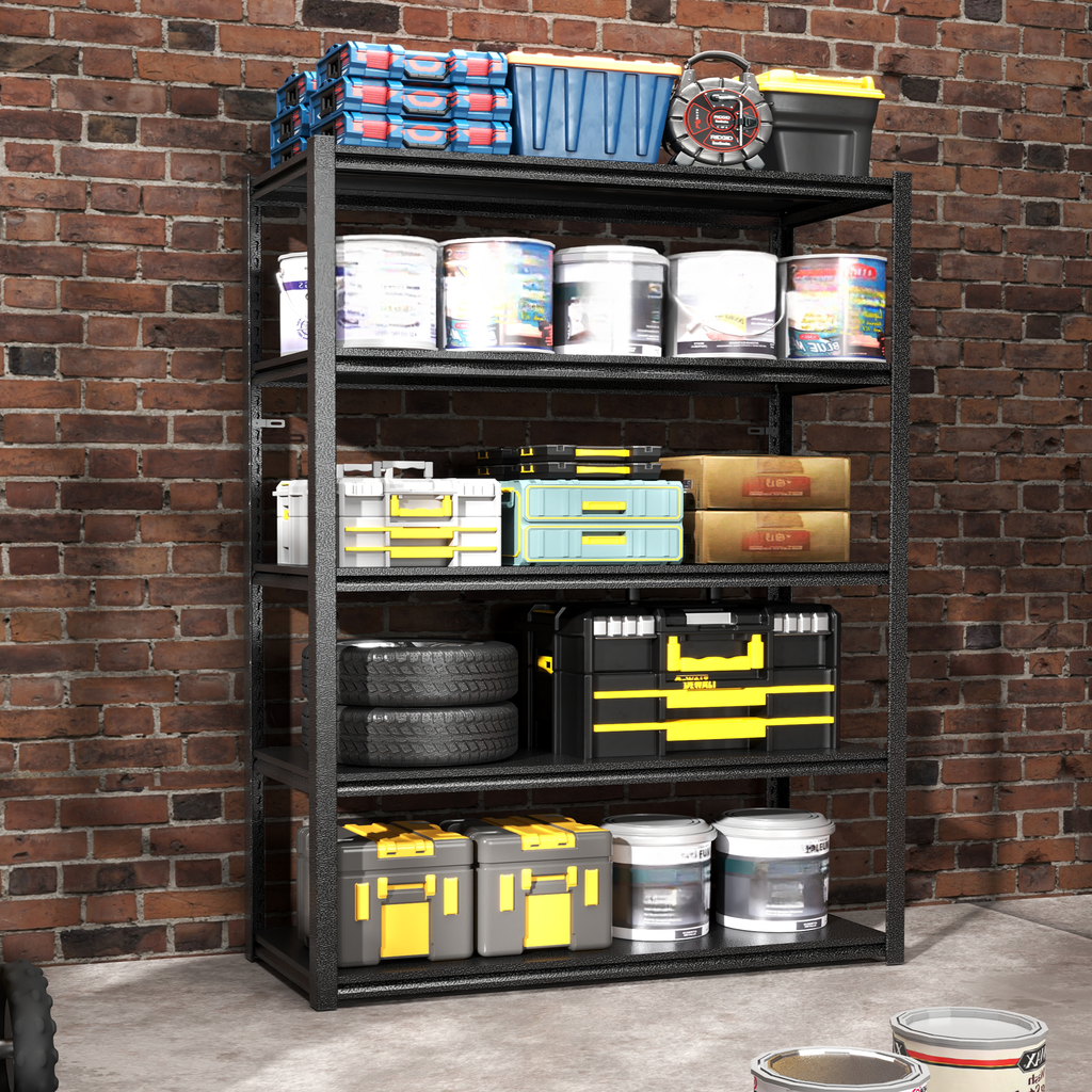 Stack of red and blue toolboxes on metal shelf
