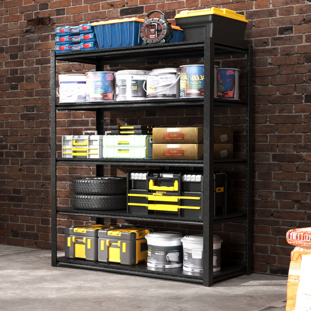 Blue and yellow plastic storage bins on a metal shelf