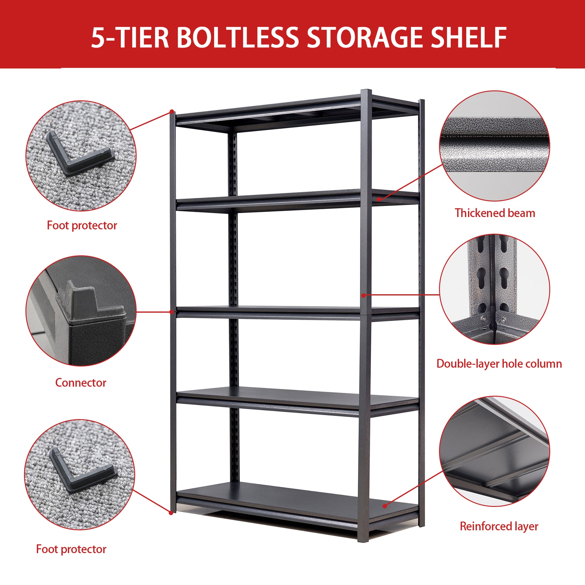 Black metal tier boltless storage shelf with reinforced layers and foot protectors