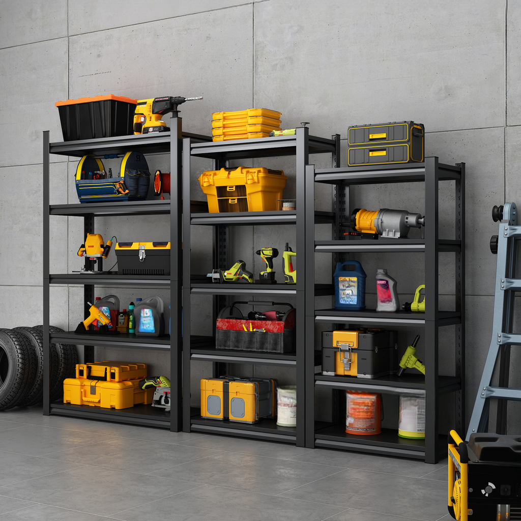 Yellow power drill on a shelf with orange and black storage bin