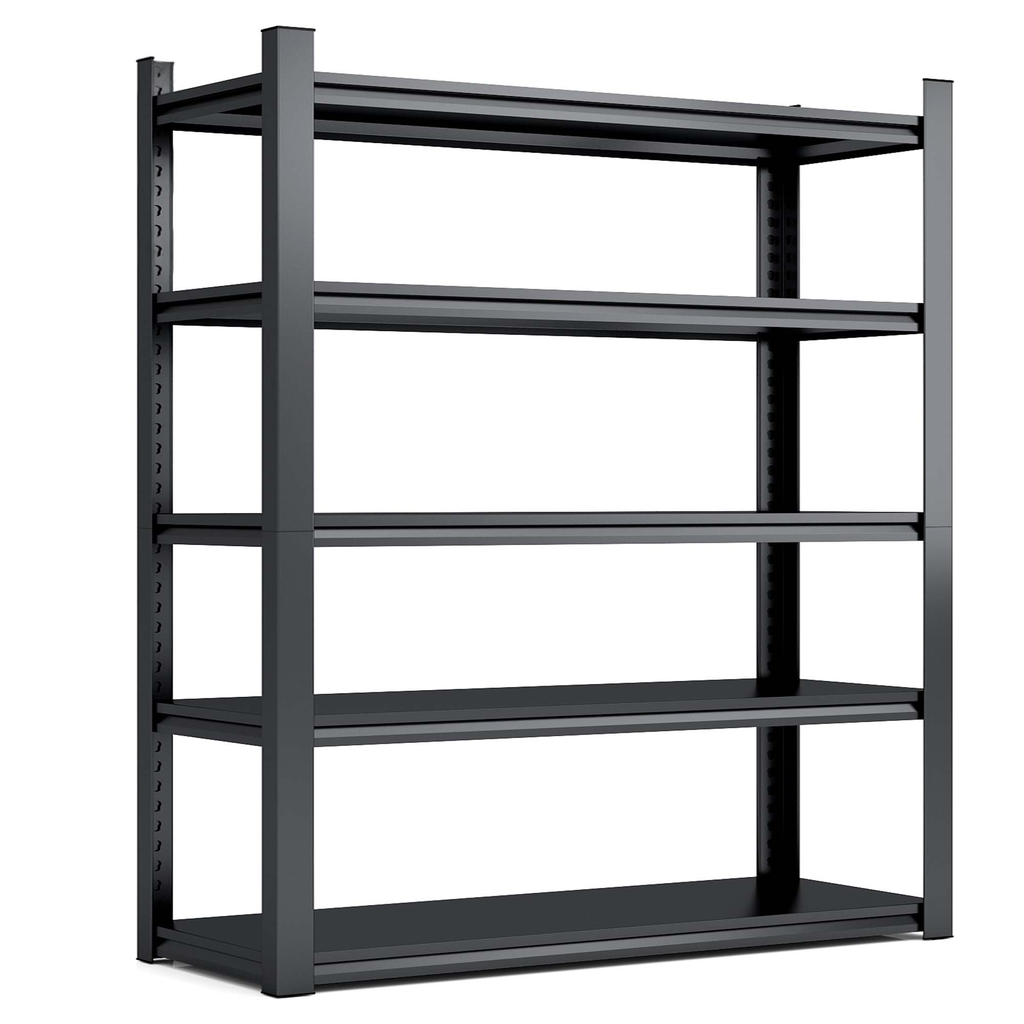 Dark grey metal tier shelving unit with adjustable shelves