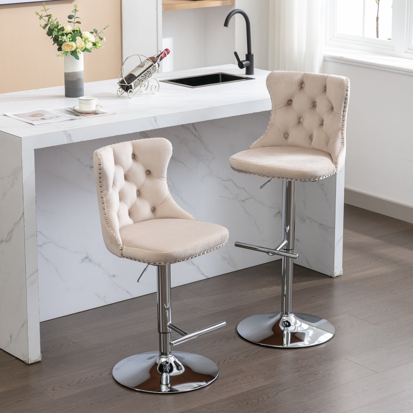 Adjustable beige velvet tufted bar stool with silver nailhead trim