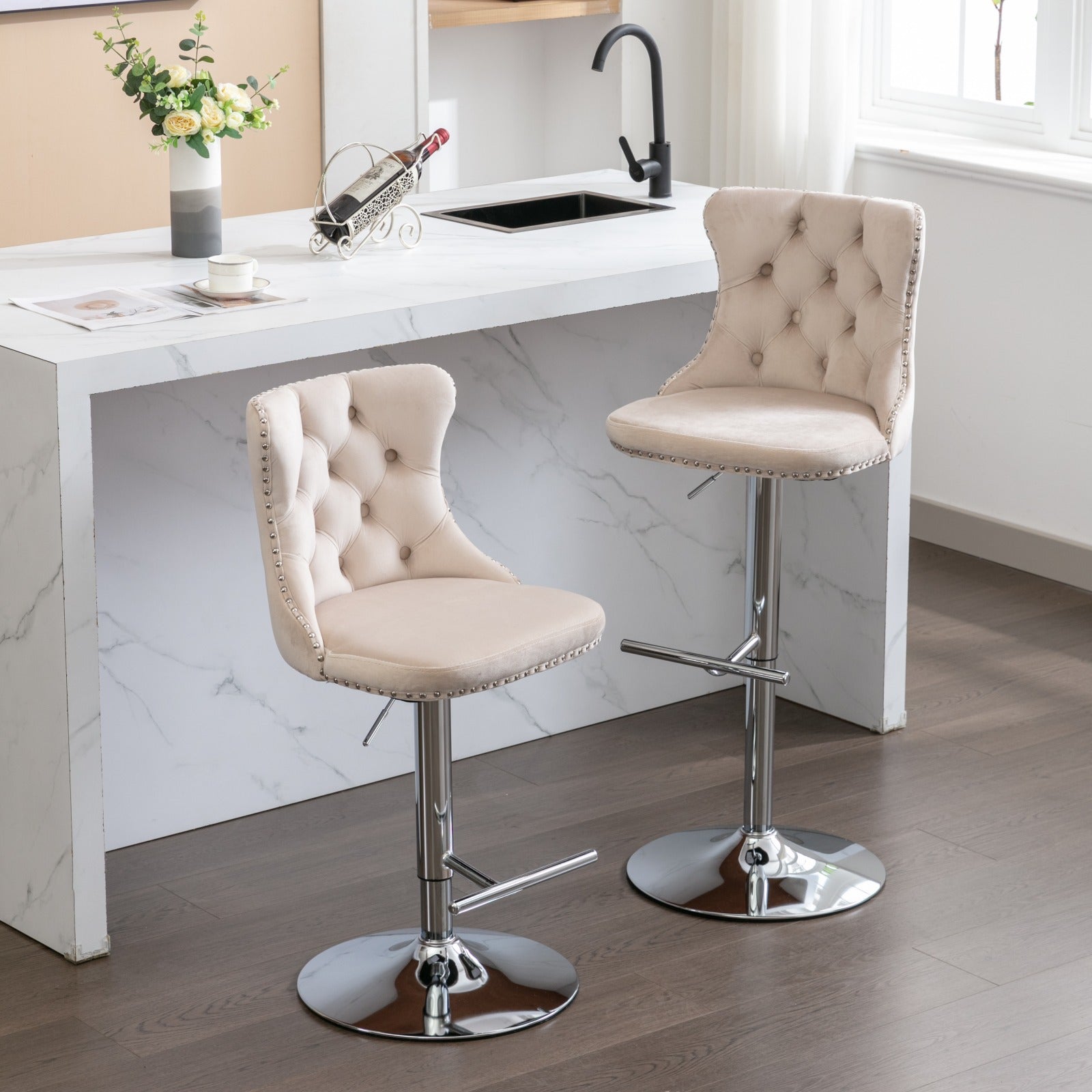 Adjustable beige velvet tufted bar stool with silver nailhead trim