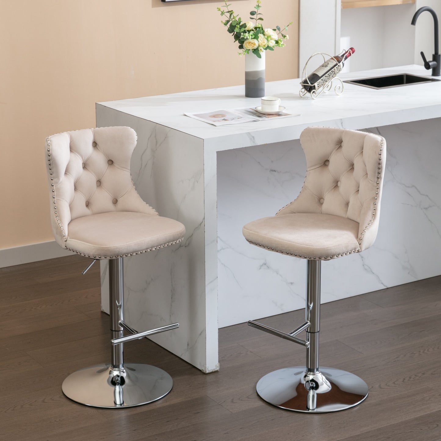 Cream velvet tufted bar stool with chrome base and studded trim