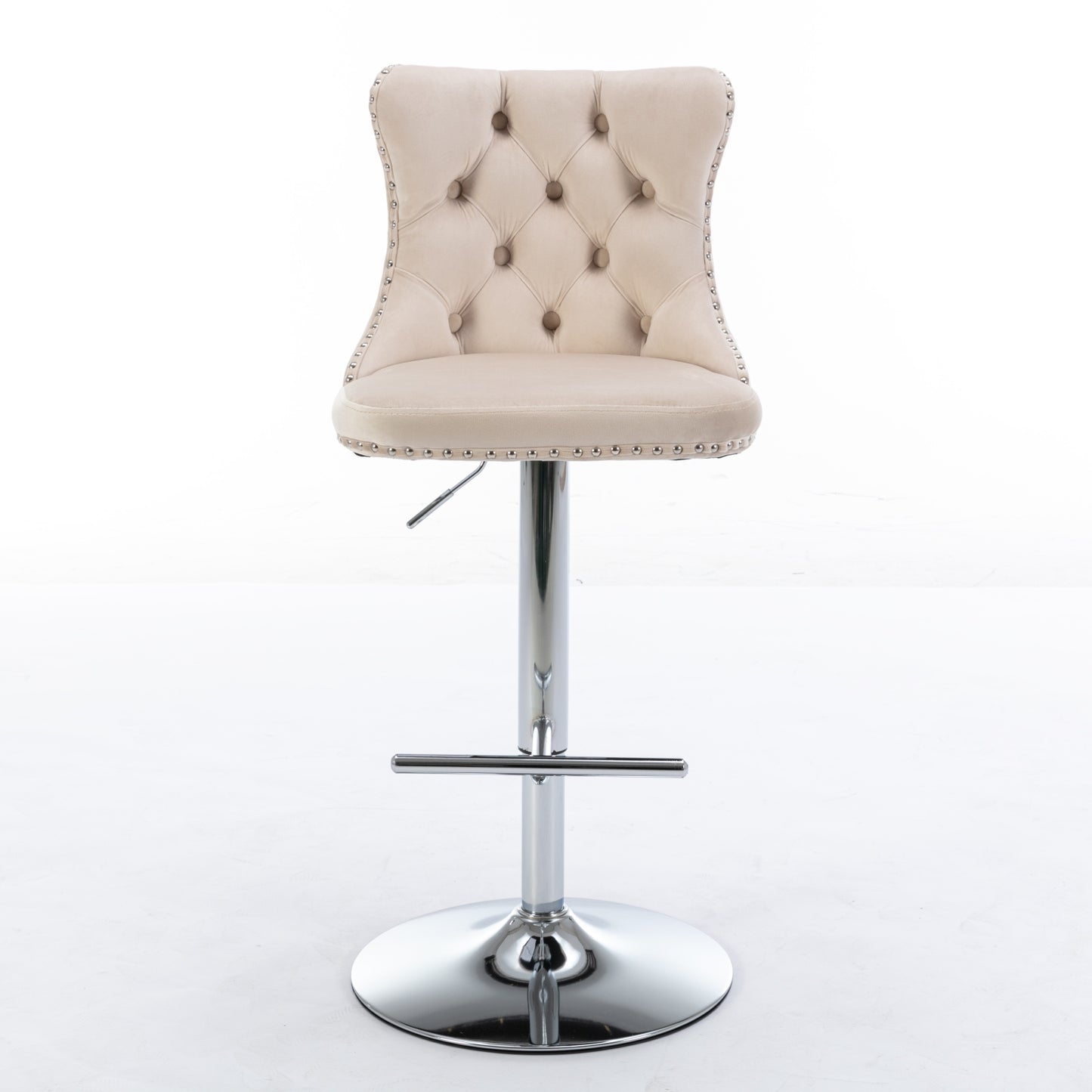 Elegant beige velvet tufted bar stool with chrome base