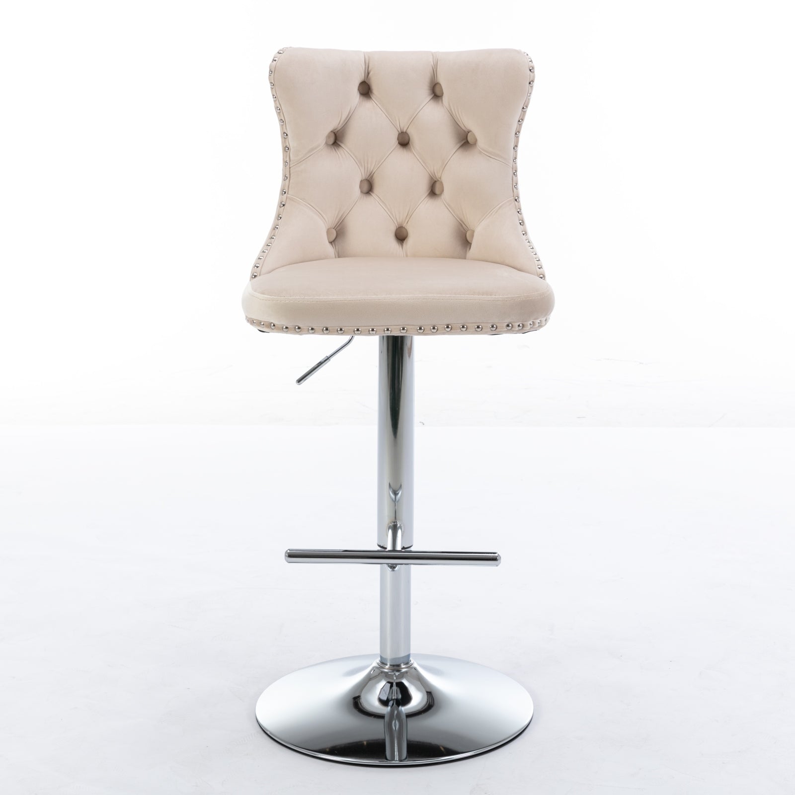Elegant beige velvet tufted bar stool with chrome base