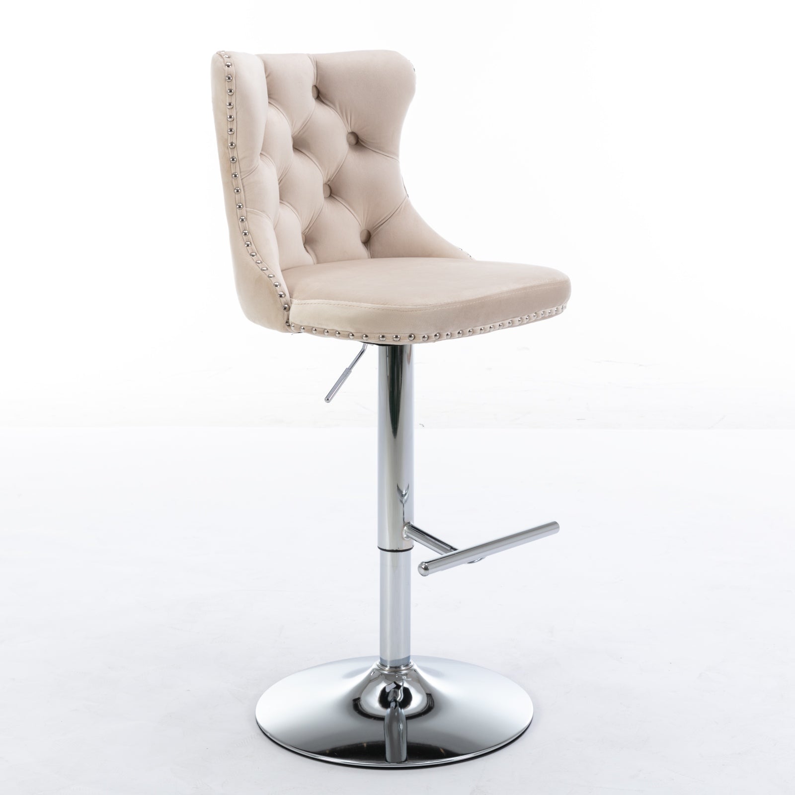 Cream velvet tufted bar stool with silver nailhead trim and chrome base