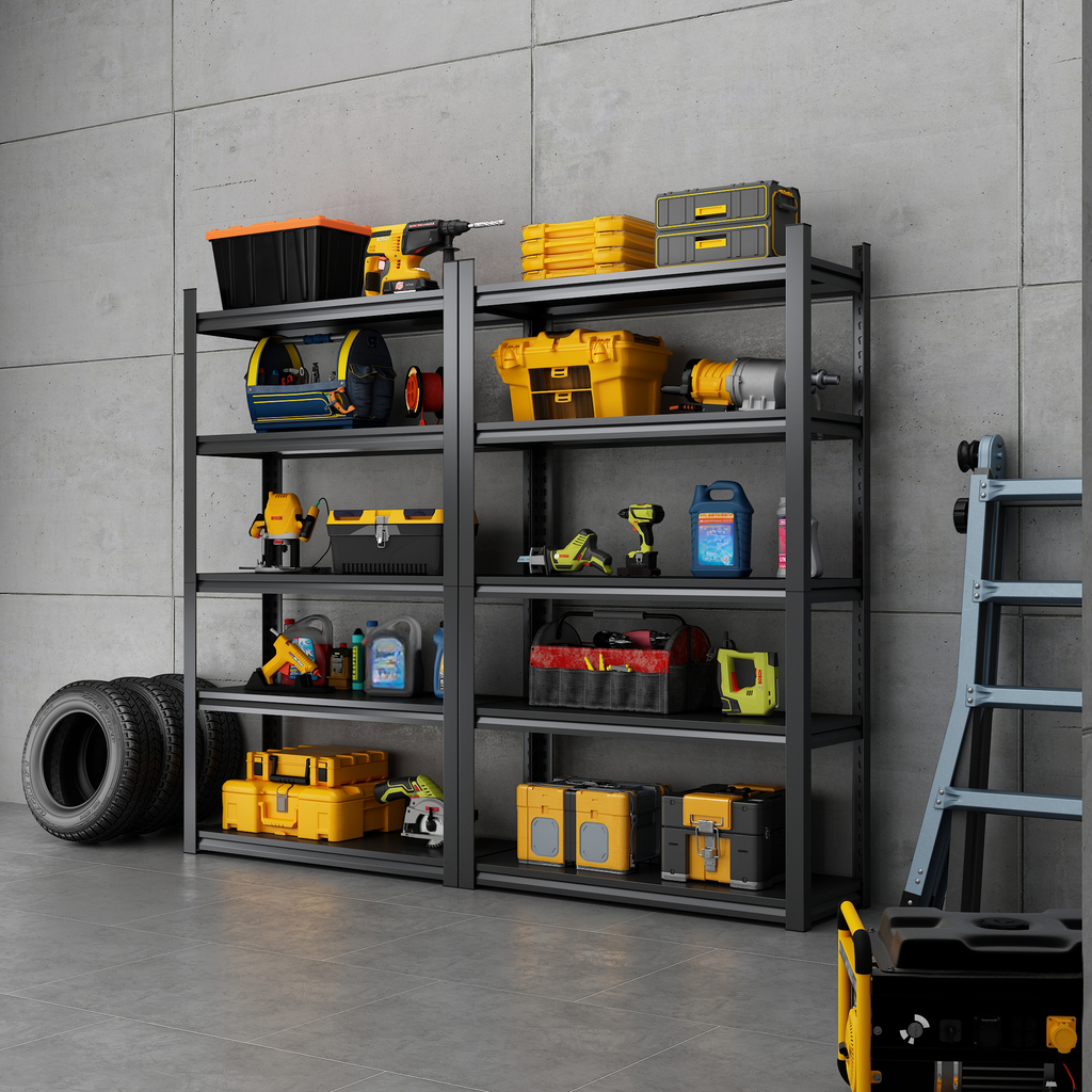 Yellow cordless drill with black accents on a shelf