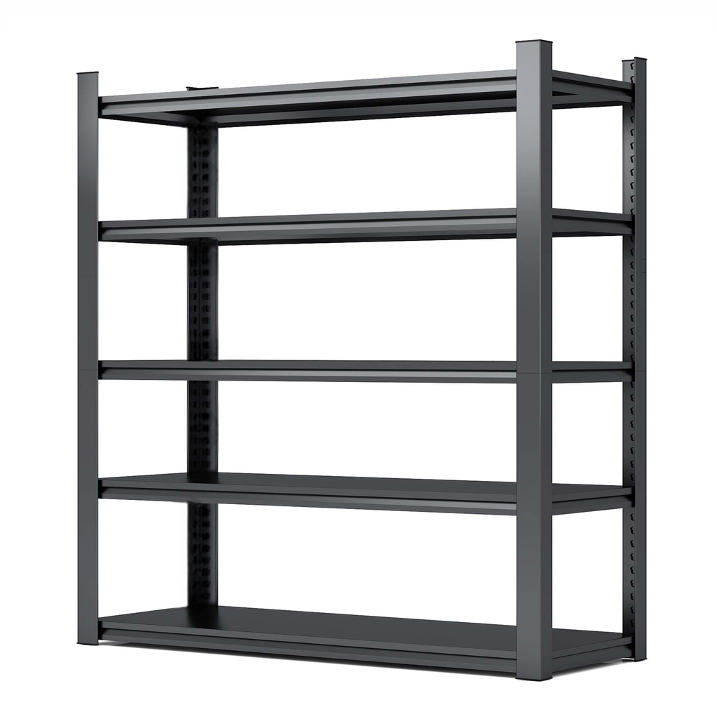Dark gray metal fivetier shelving unit with open shelves