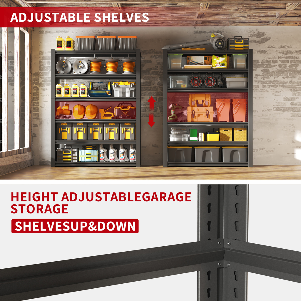 Black metal garage shelving unit loaded with tools and storage bins