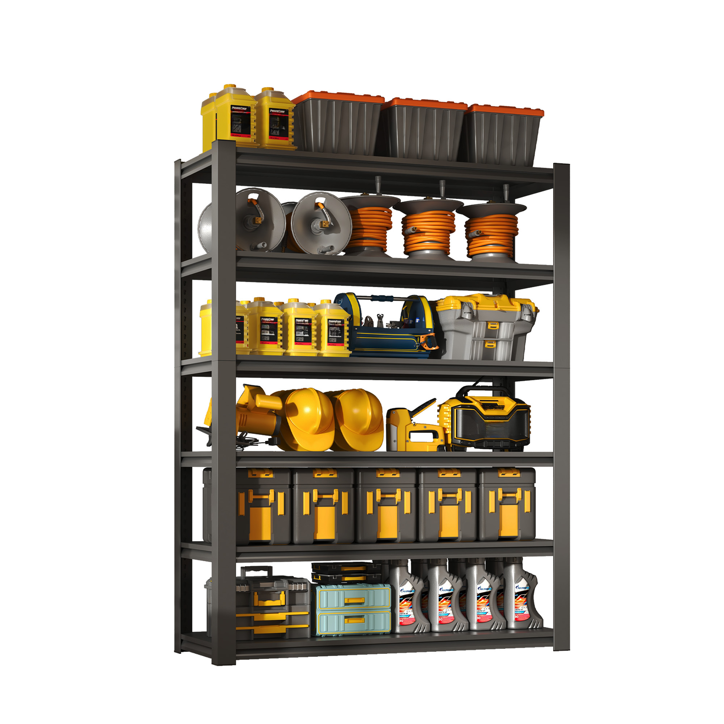 Yellow motor oil bottles with orange lids on a shelf