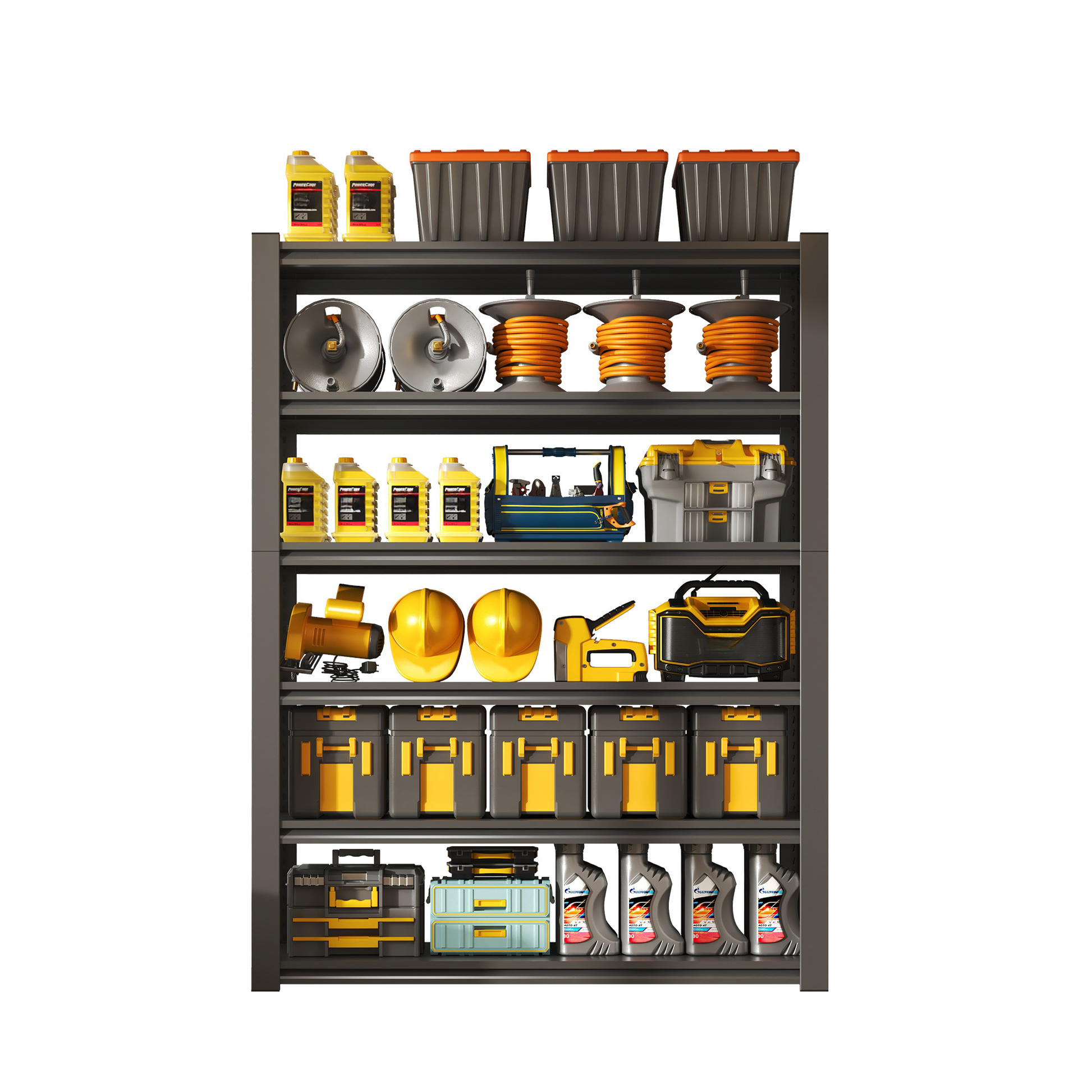 Four yellow oil containers on a shelf