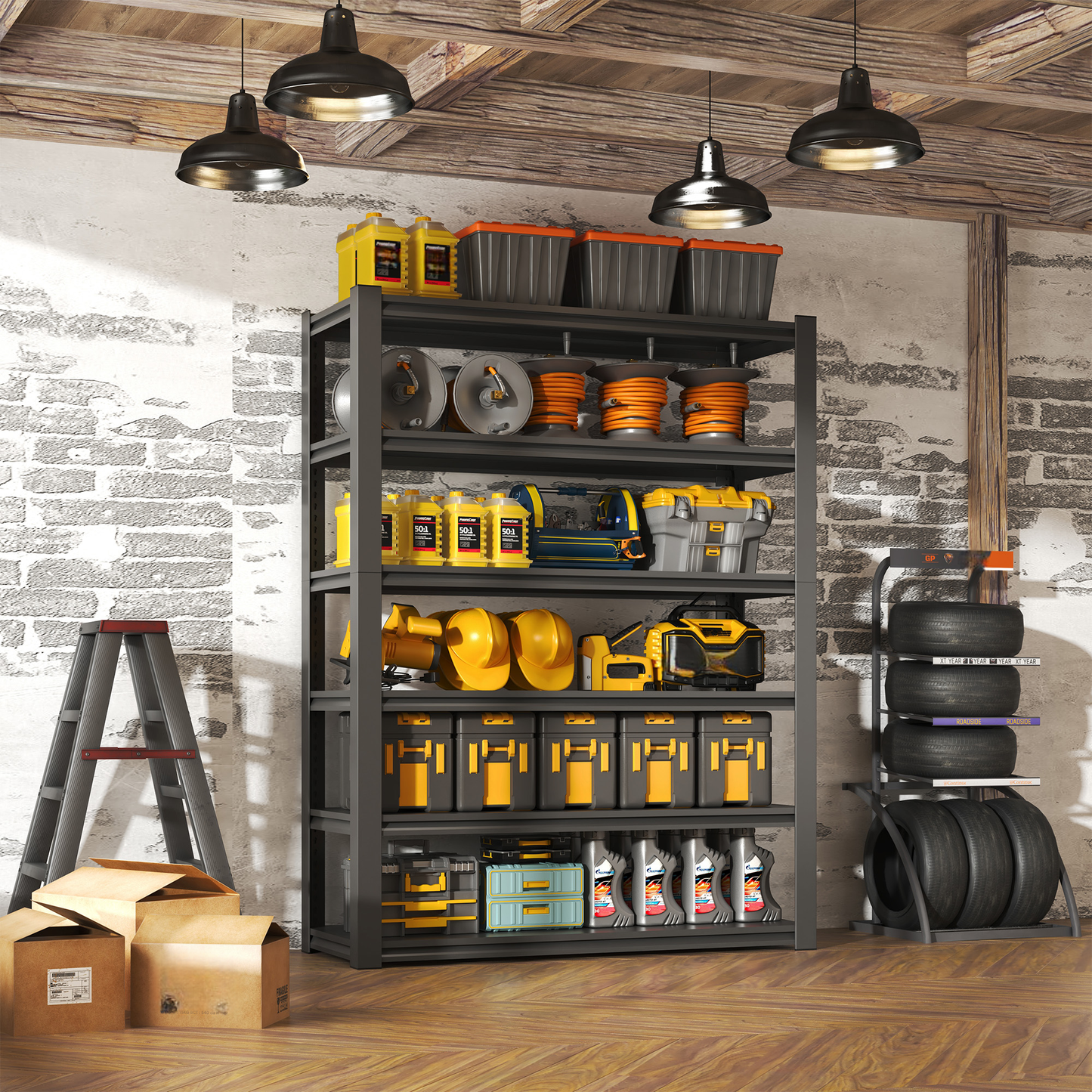 Black industrial pendant lights hanging from a wooden beam ceiling