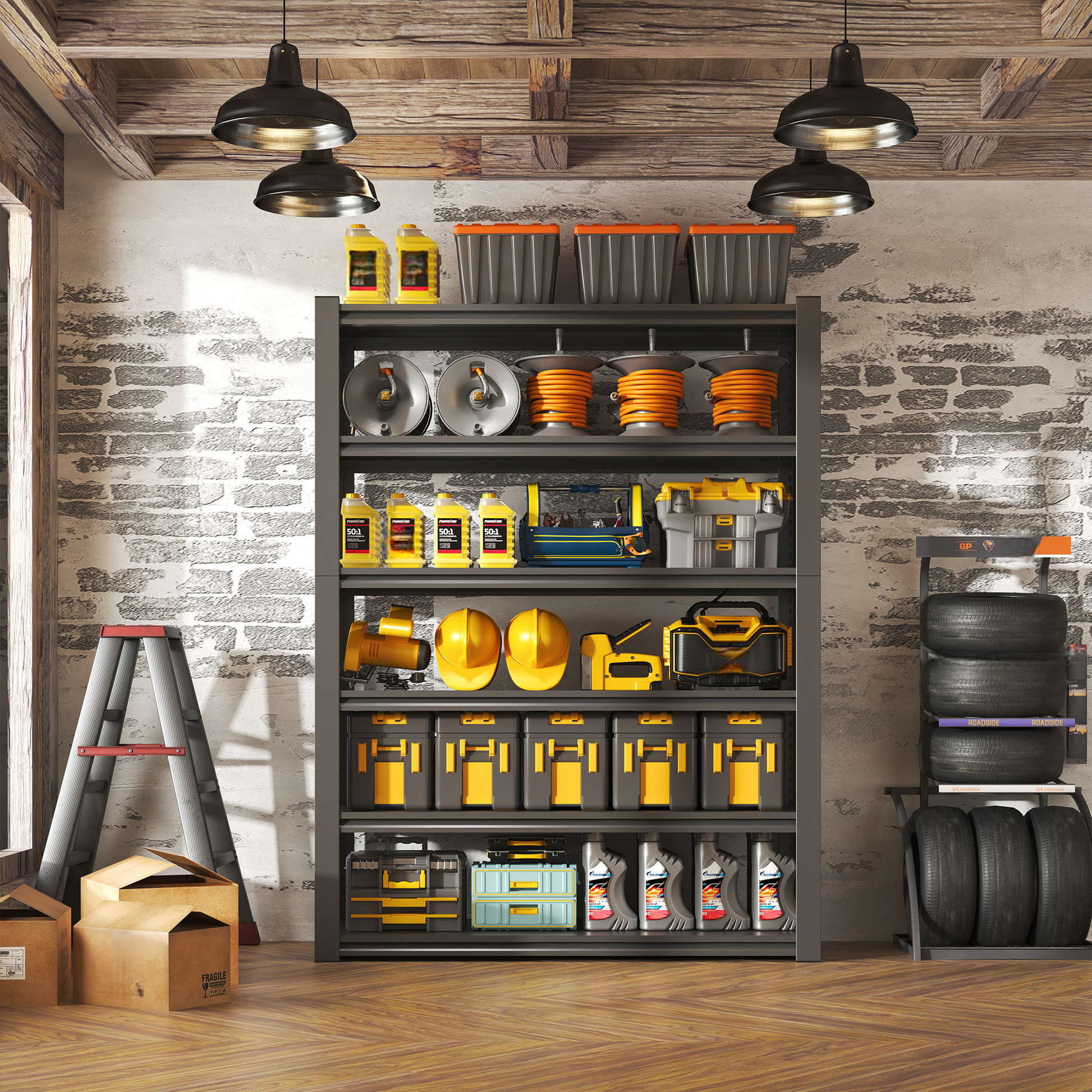 Yellow engine oil bottles on shelf