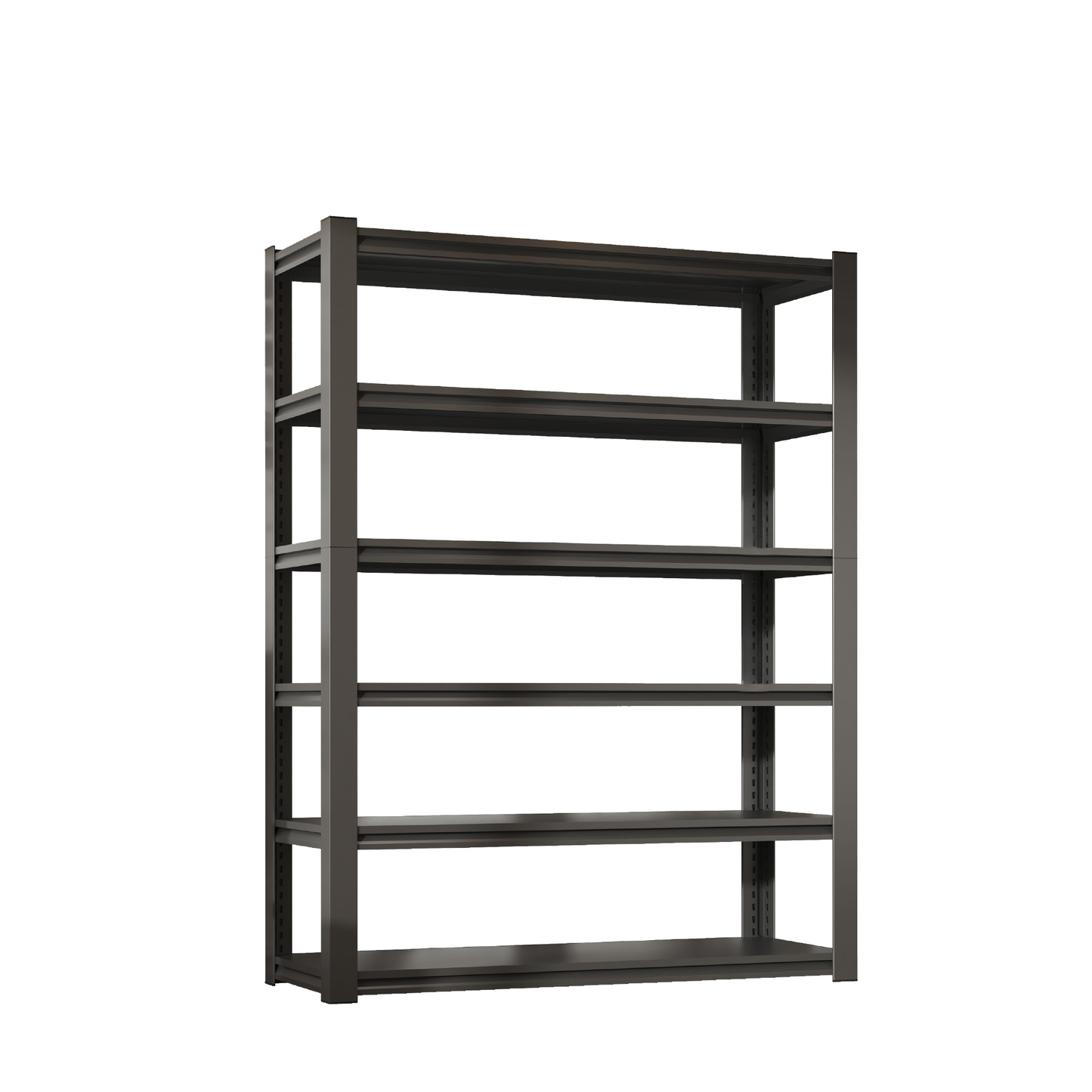 Dark grey metal shelving unit with five adjustable shelves for garage organization