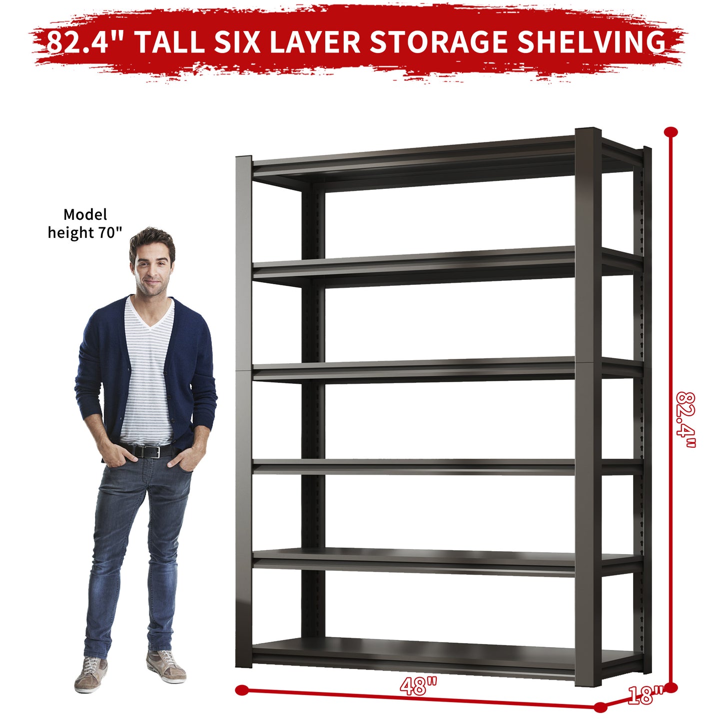 Dark grey metal sixlayer storage shelving unit  inches tall  inches wide