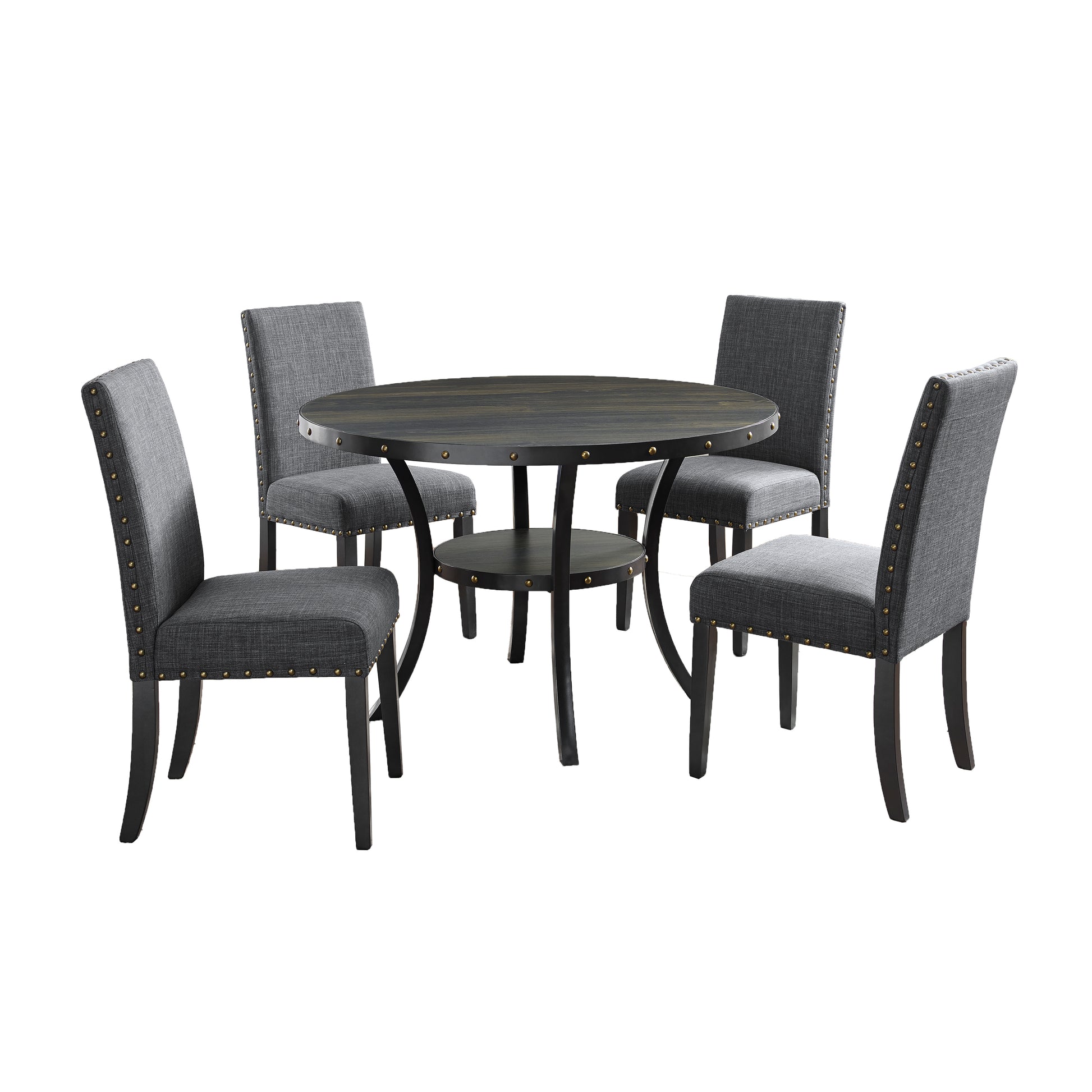 Round wood dining table with four grey upholstered chairs