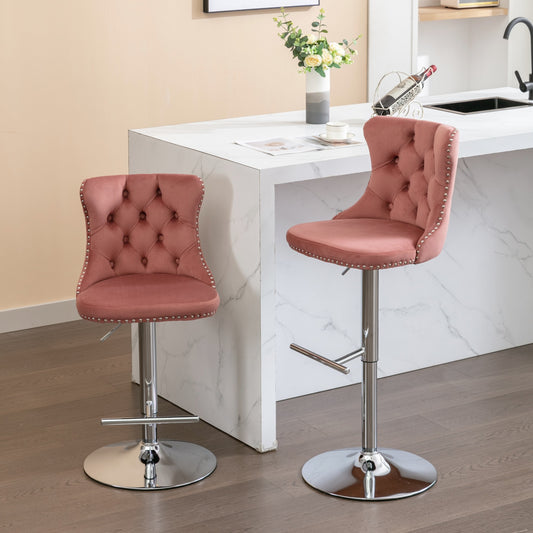 Rose pink velvet bar stool with tufted back and chrome base