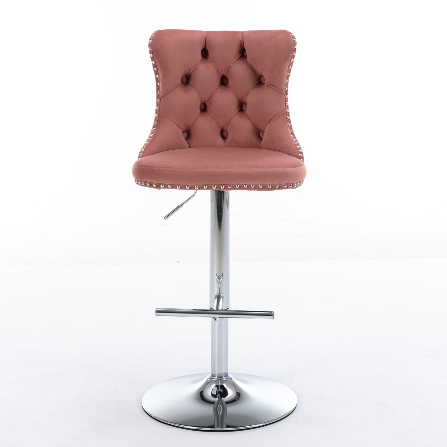 Rose velvet bar stool with tufted back and silver nailhead trim