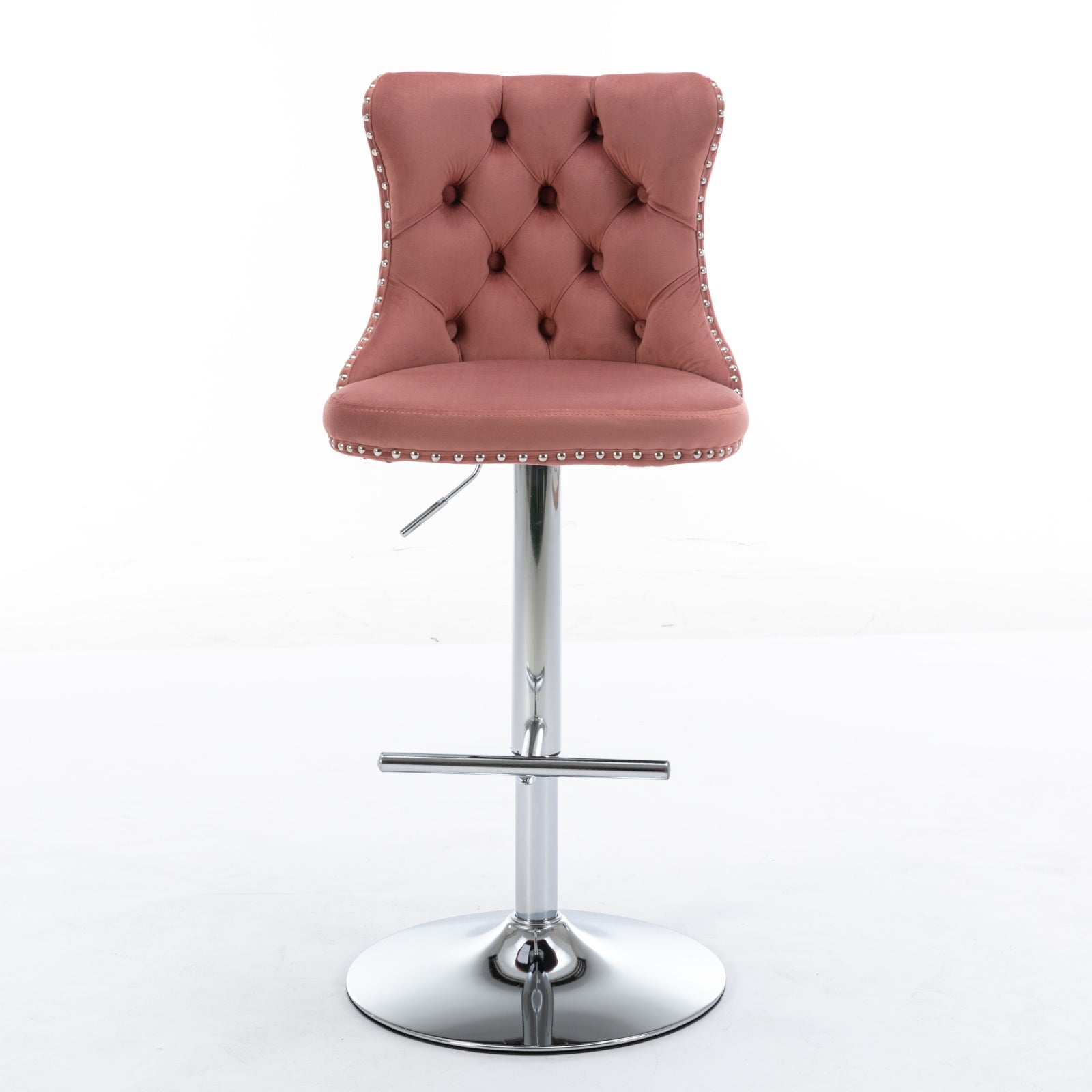 Rose velvet bar stool with tufted back and silver nailhead trim