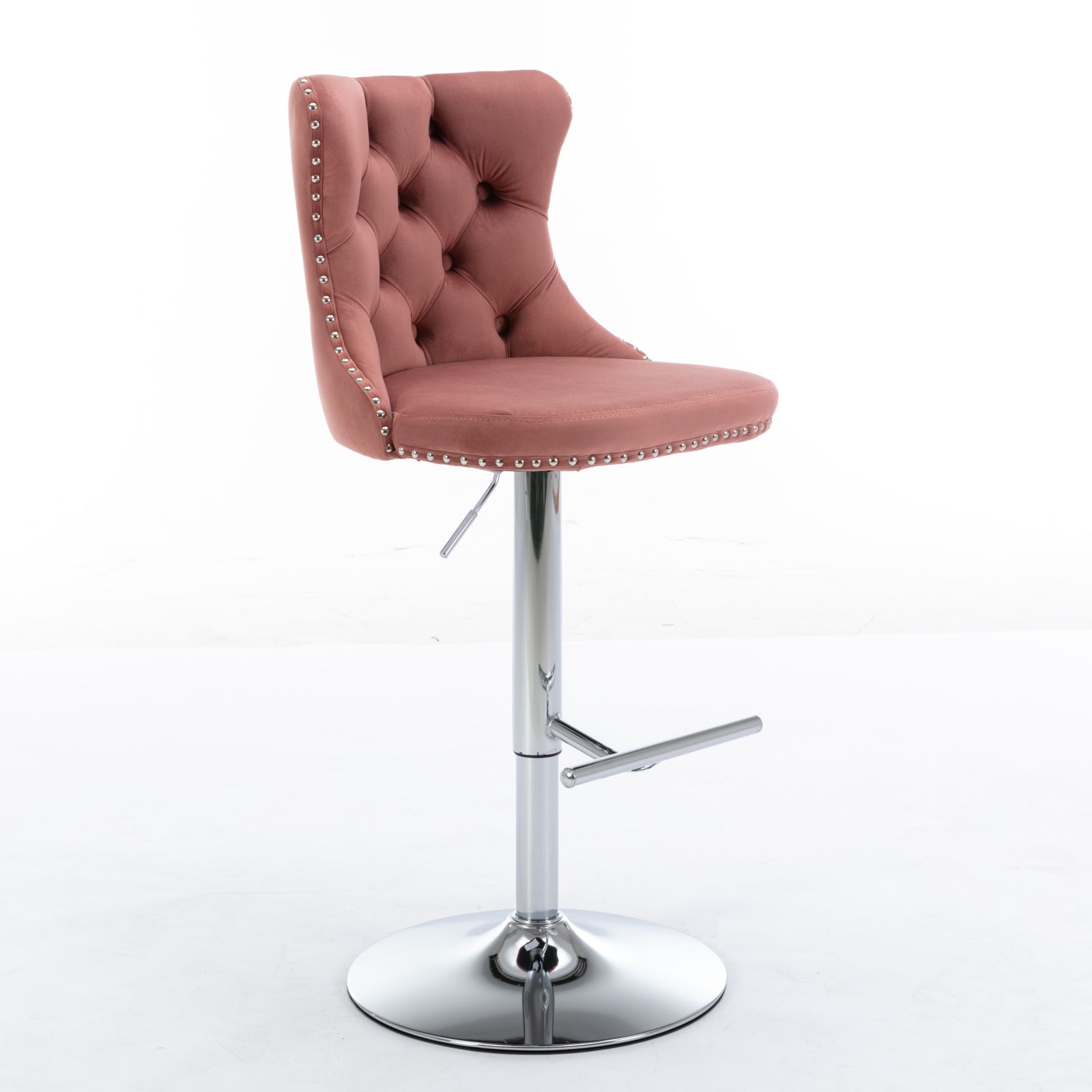 Rose pink velvet bar stool with diamond tufting and silver nailhead trim