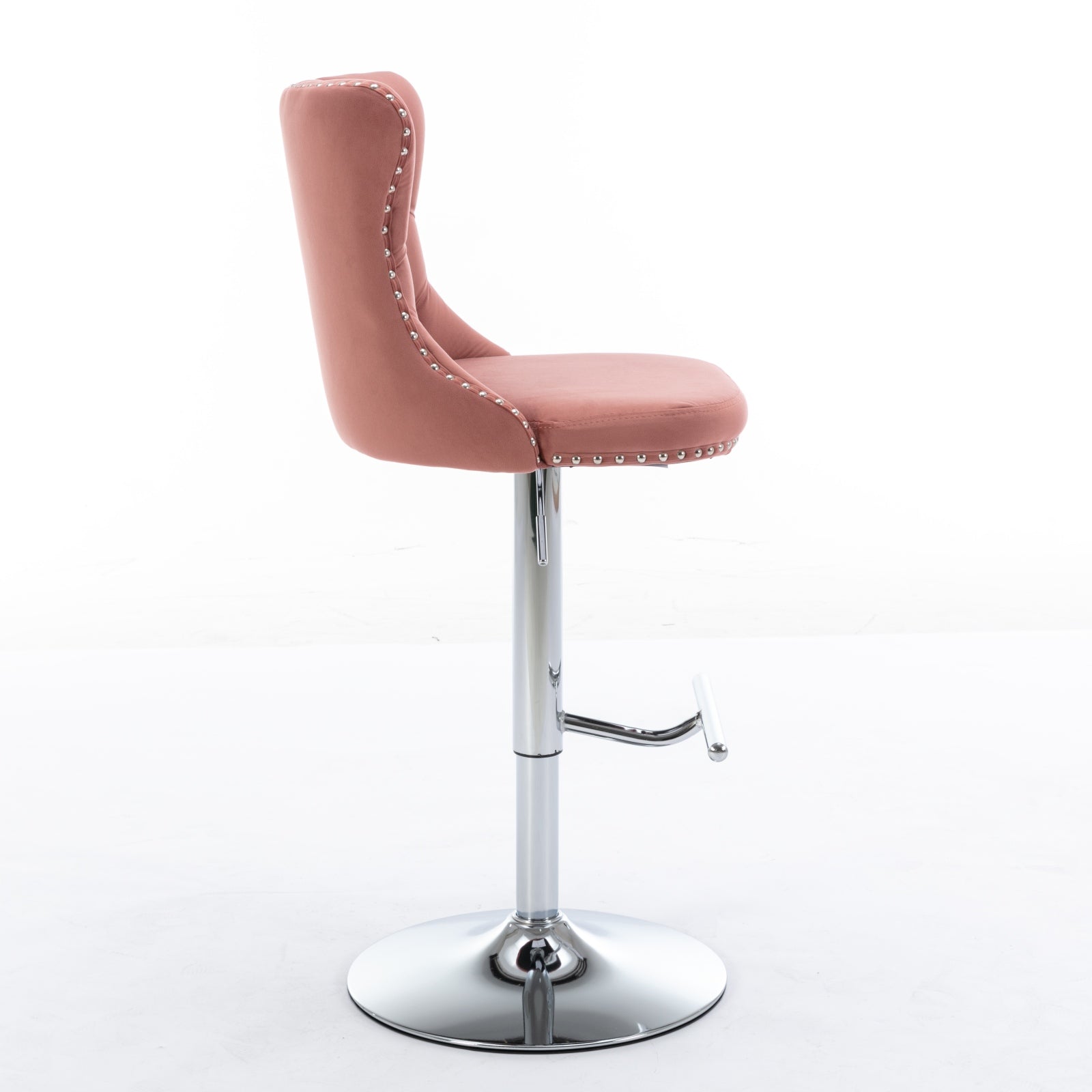Dusty rose velvet bar stool with silver nailhead trim and chrome base