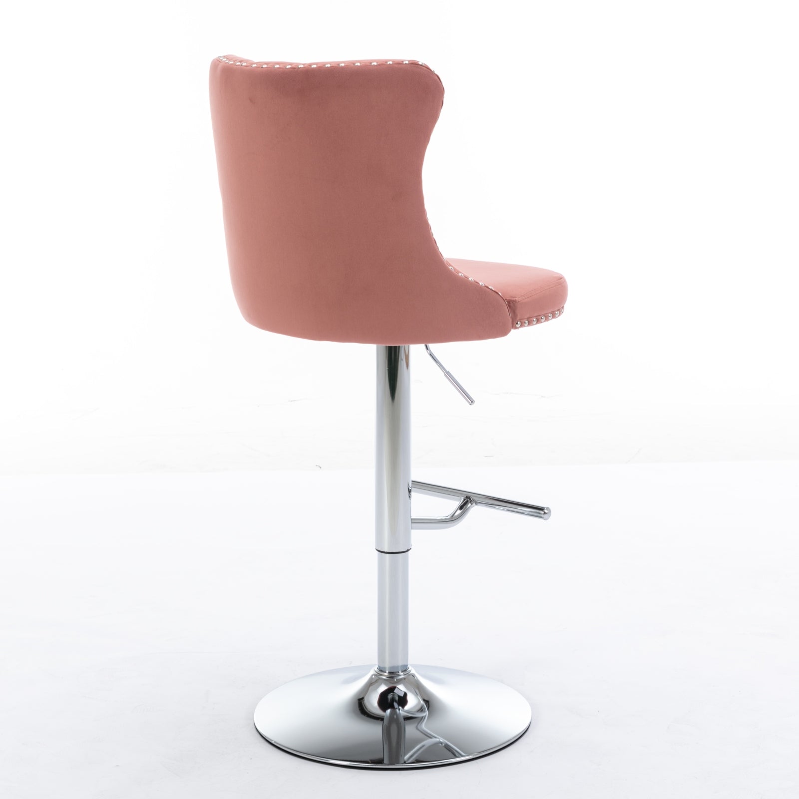 Rose velvet tufted bar stool with chrome base and adjustable height