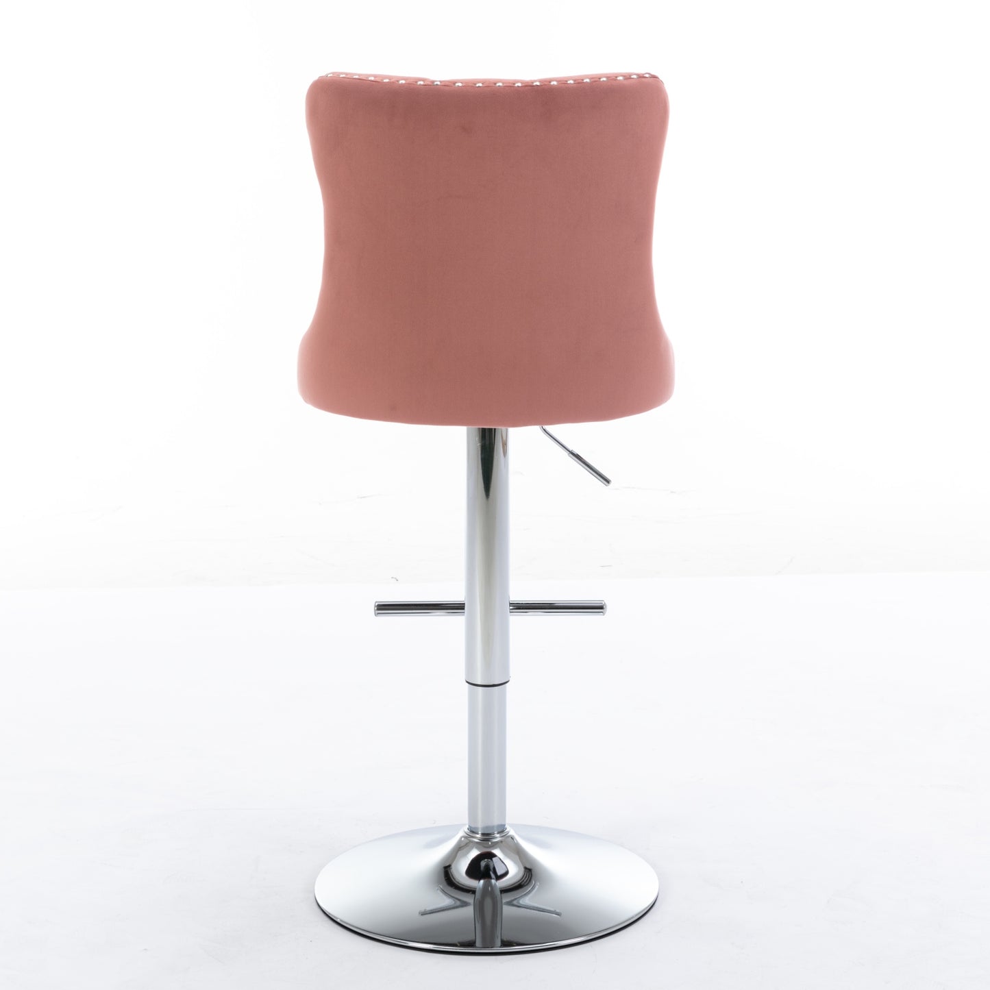 Dusty rose velvet bar stool with chrome base and decorative nailhead trim