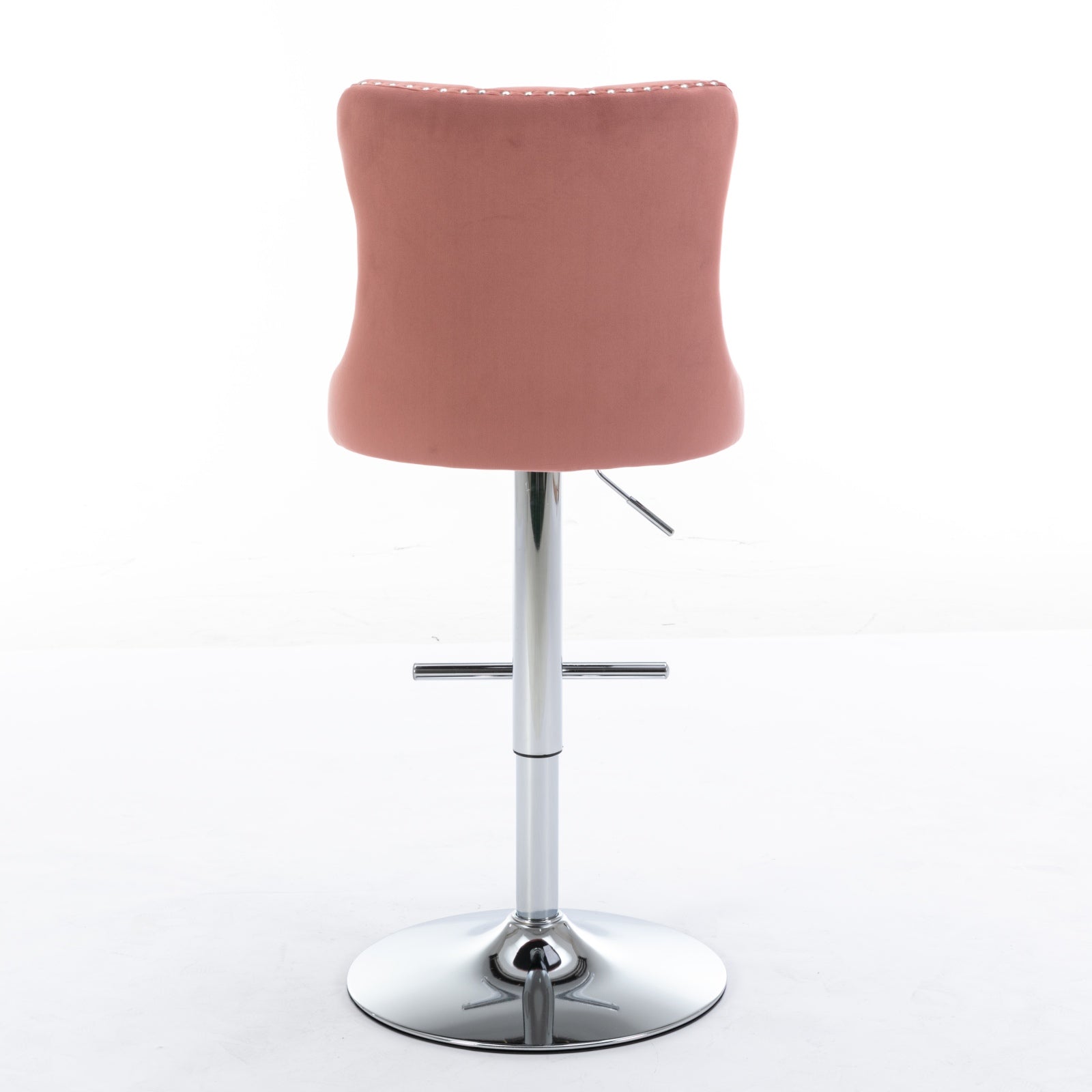 Dusty rose velvet bar stool with chrome base and decorative nailhead trim