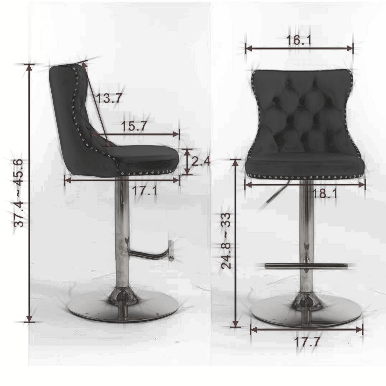 Black velvet tufted bar stool with silver nailhead trim and adjustable height