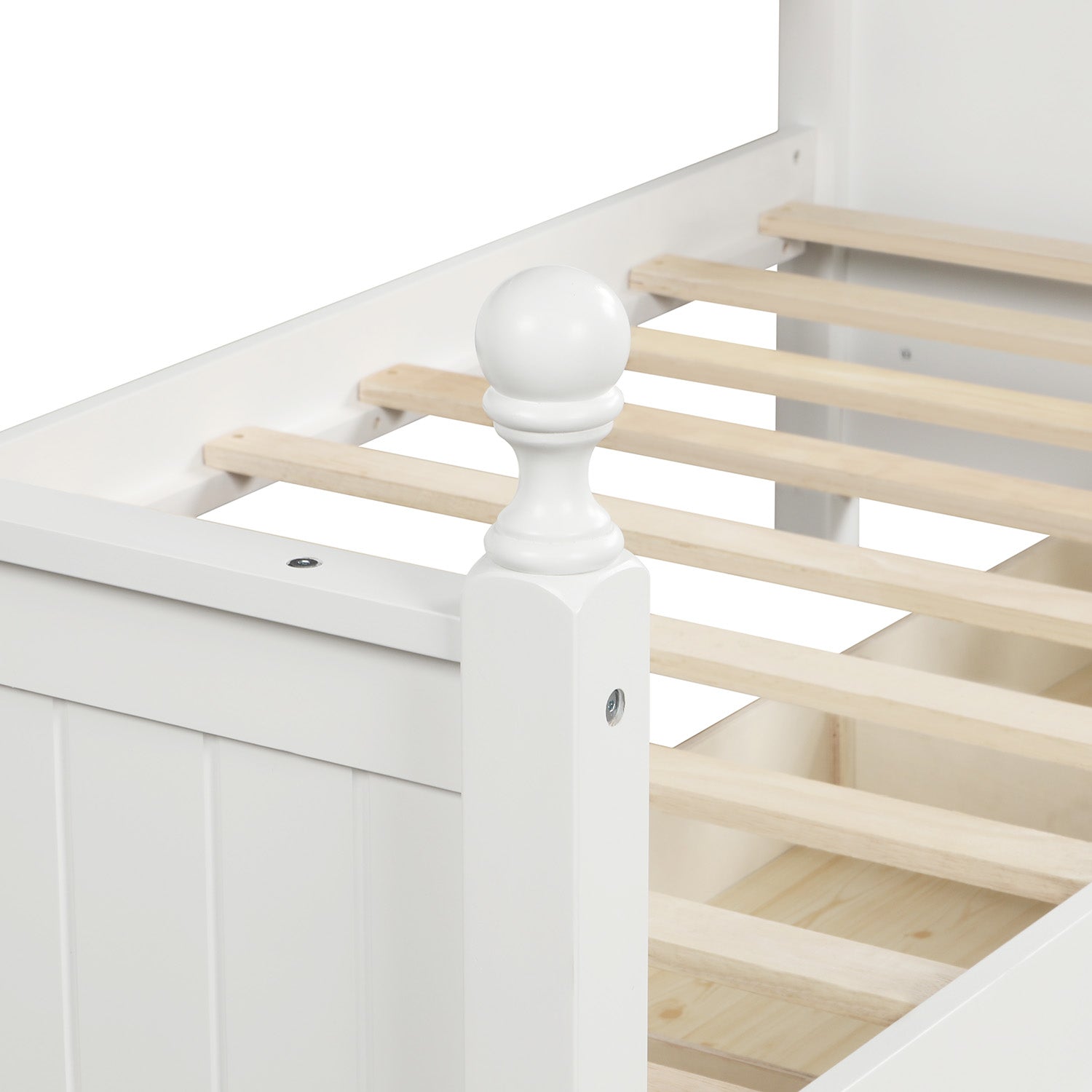 White wooden bed frame with slatted base detail