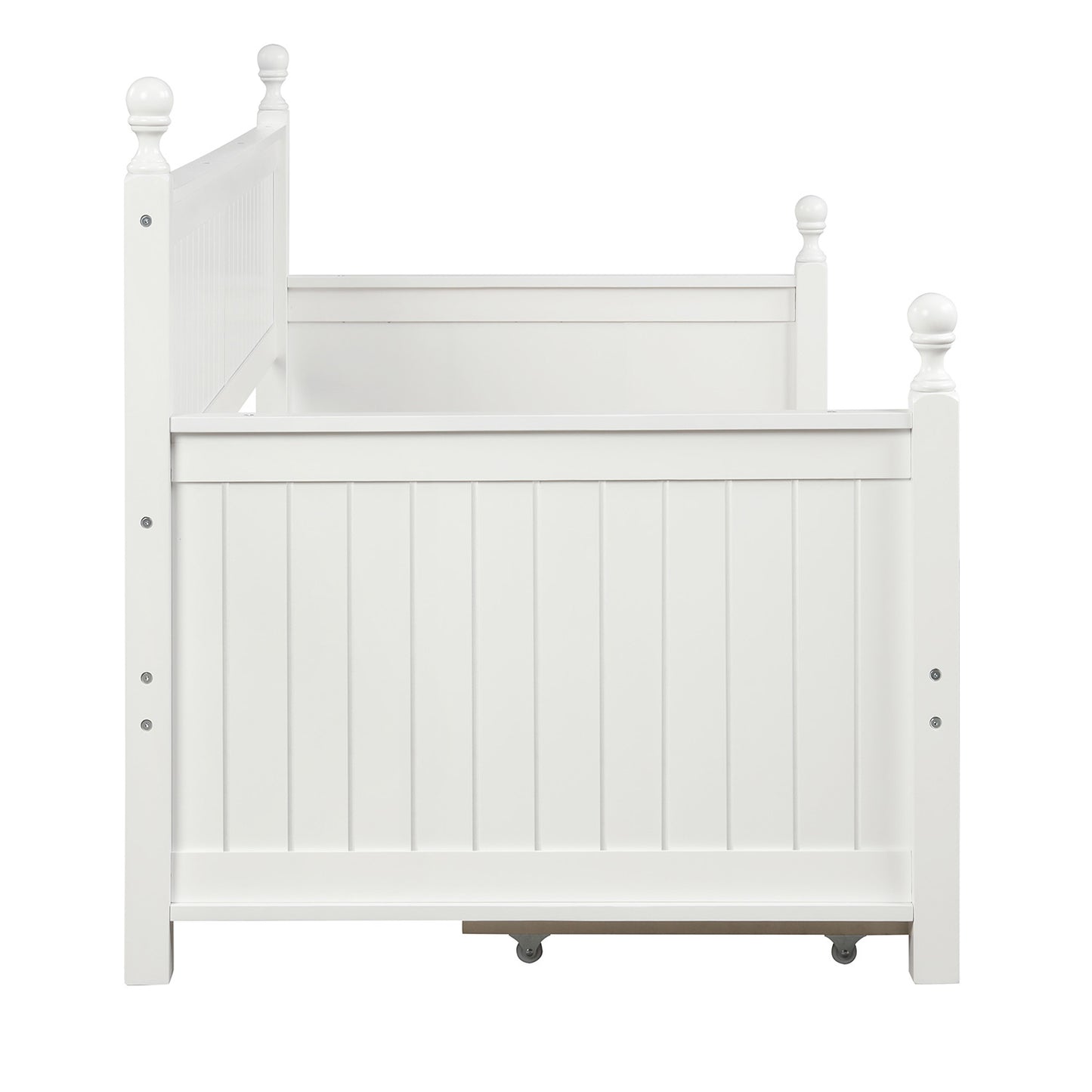 White wooden toddler bed side rail with slatted design