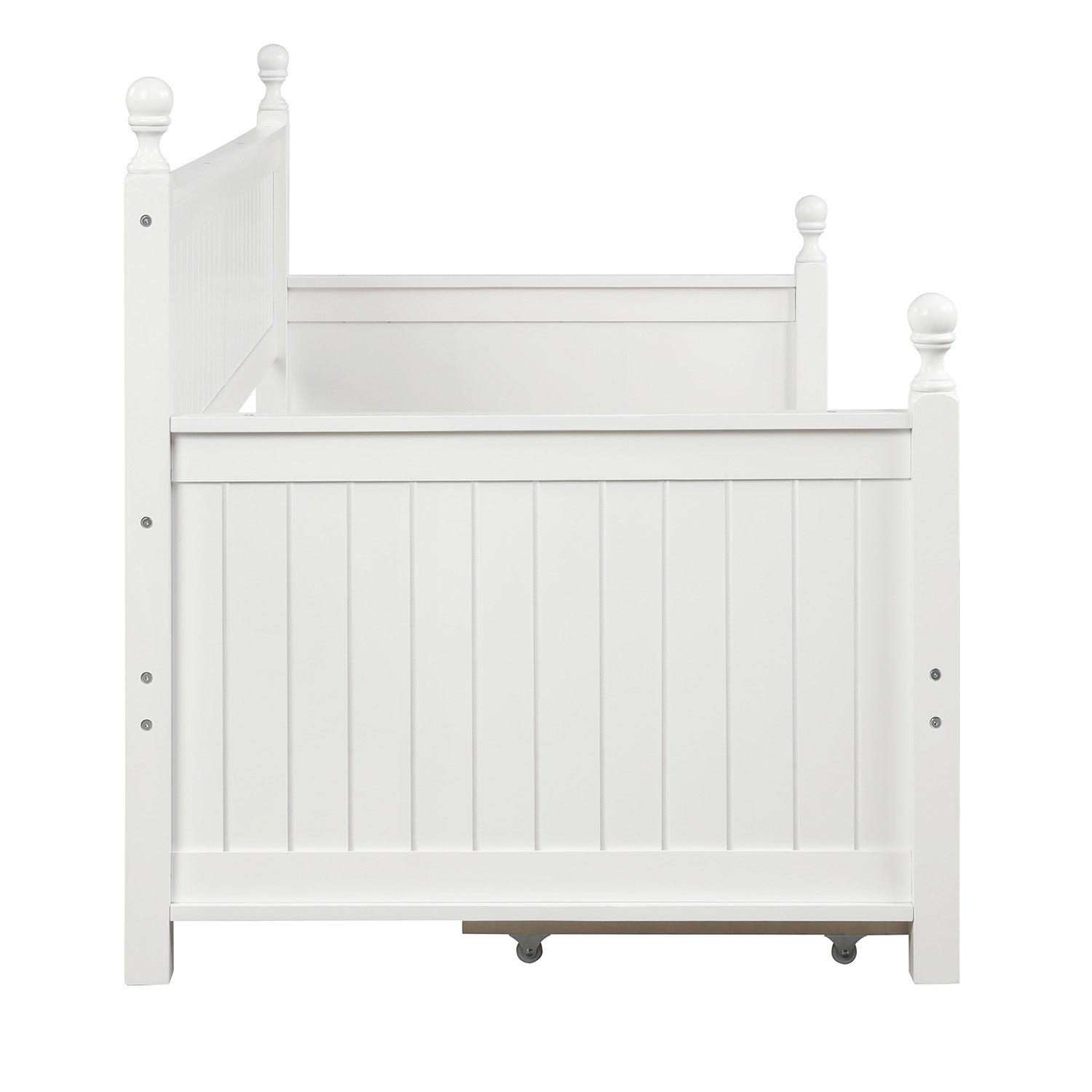 White wooden toddler bed side rail with slatted design