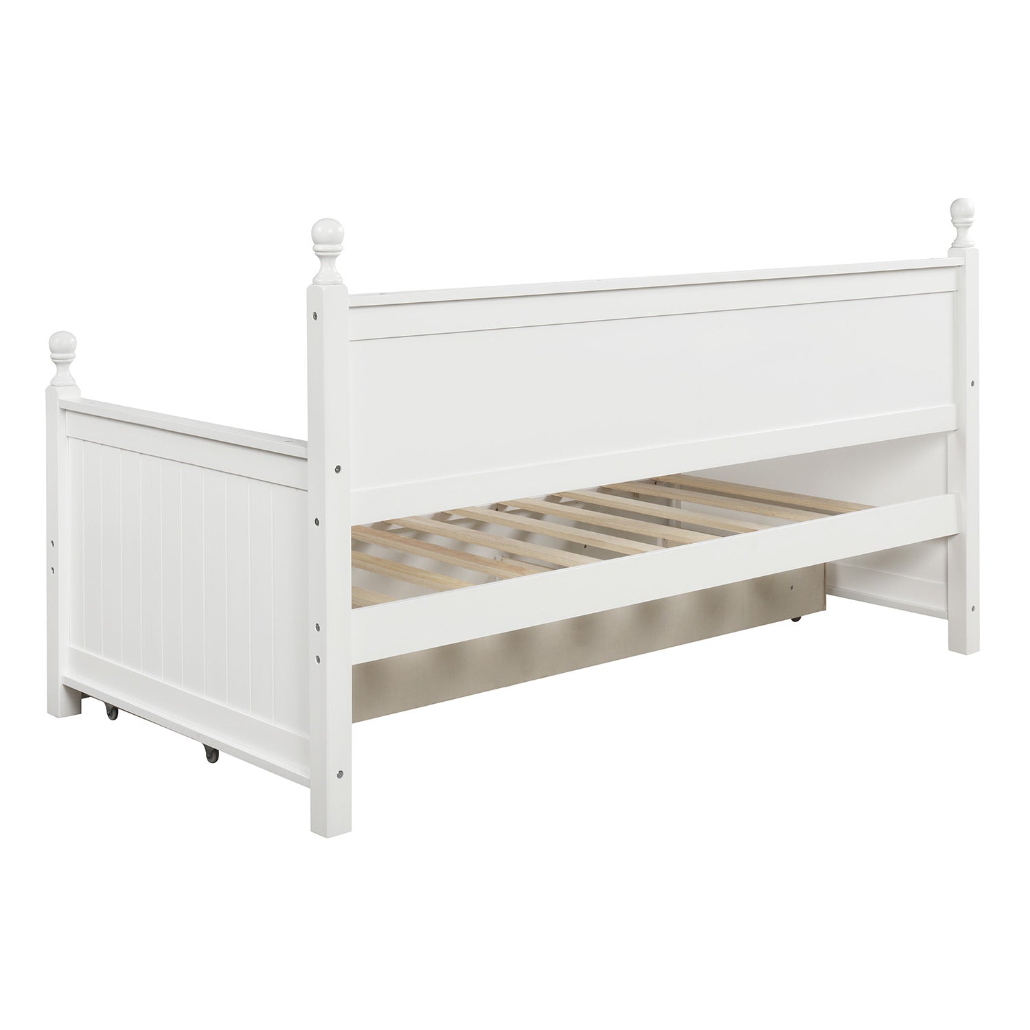 White wooden daybed with rollout trundle